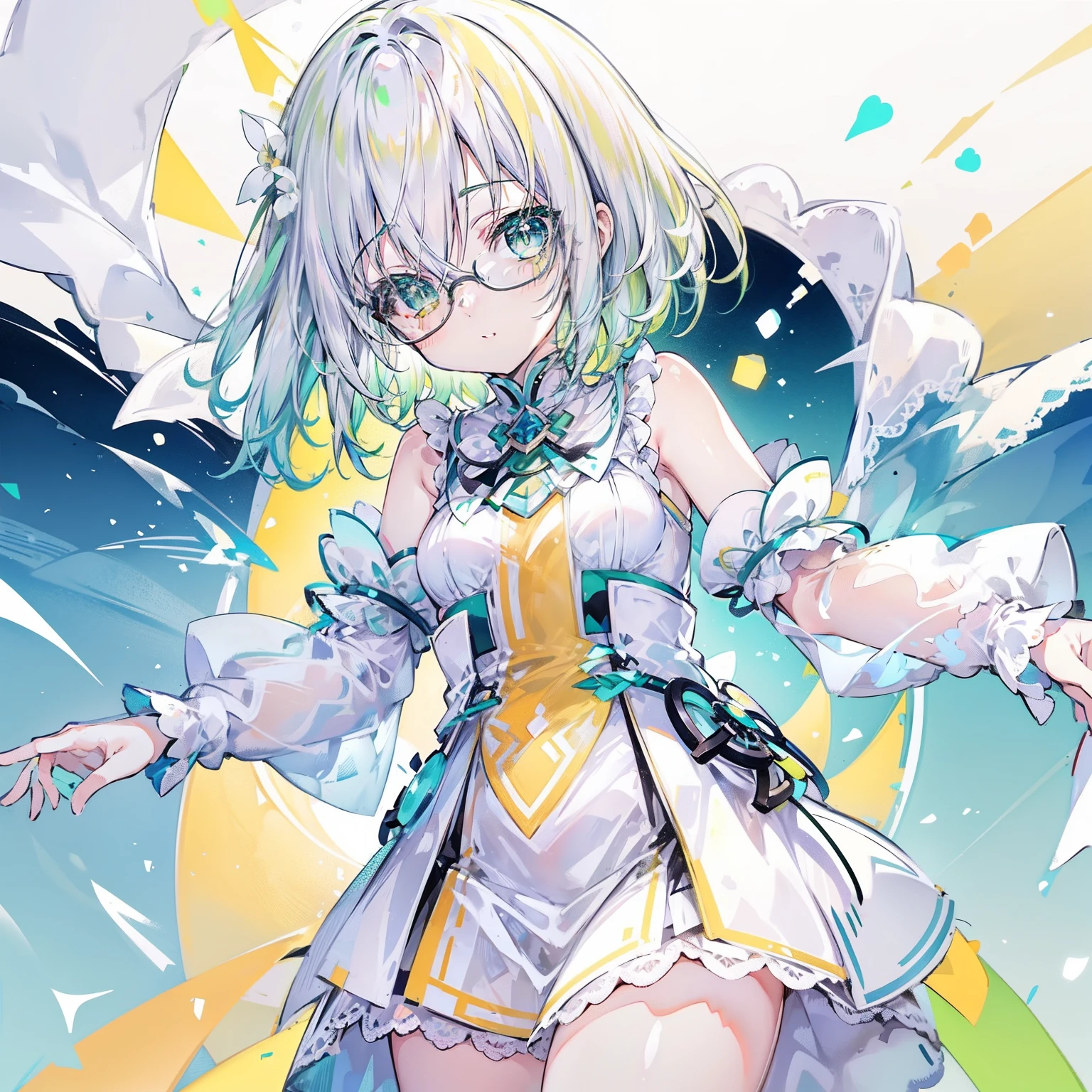pastel green,short yellow hair,Fluorescent milky white,Blue-yellow pupils,Black thin-rimmed glasses,Yellow, Green and white clothes,Super nice looking, Especially cute and cute ish loli