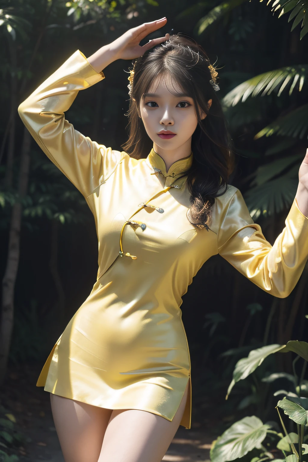 (full bodyesbian:1.），(1girll:1.3)，(anatomy correct:1.4),(Dance in the yellow forest:1.2),(Wear a cheongsam:1.2),(cabellos largos dorados:1.2),(Accurate and perfect face:1.3),(Long legs:1.5),hyper HD, Ray traching, reflective light， structurally correct, Award-Awarded, High detail, Fade-in and fade-out shadow contrast, Face lighting ，Cinematic lighting, Masterpiece, super detailing, High quality, High detail, Best quality, 16k，High contrast,