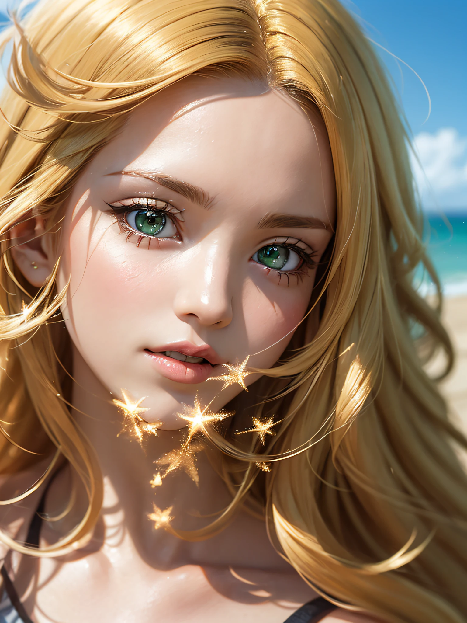 realisitic, high-detail, Hyper Detail, depth of fields, NFSW, 1 Lady,  facial close-up, (((1 Lady:1.37, Solo))), (((Extreme close-up of the face))), (Beautiful face, Cute face, Detailed face,),  BREAK, ((( Golden hair, Semi-long hair, Hair pulled back, Wavy Hair))), (((Detailed beautiful green eyes,))), BREAK, (((Sunny))), (((in beach))), BREAK, blazing, Shiny skin, extremely detailed CG unified 8k wallpaper, very fine 8KCG wallpaper,  (​masterpiece, Best Quality), High resolution, Ultra-detailed, ultra-sharp, Cinematic lighting