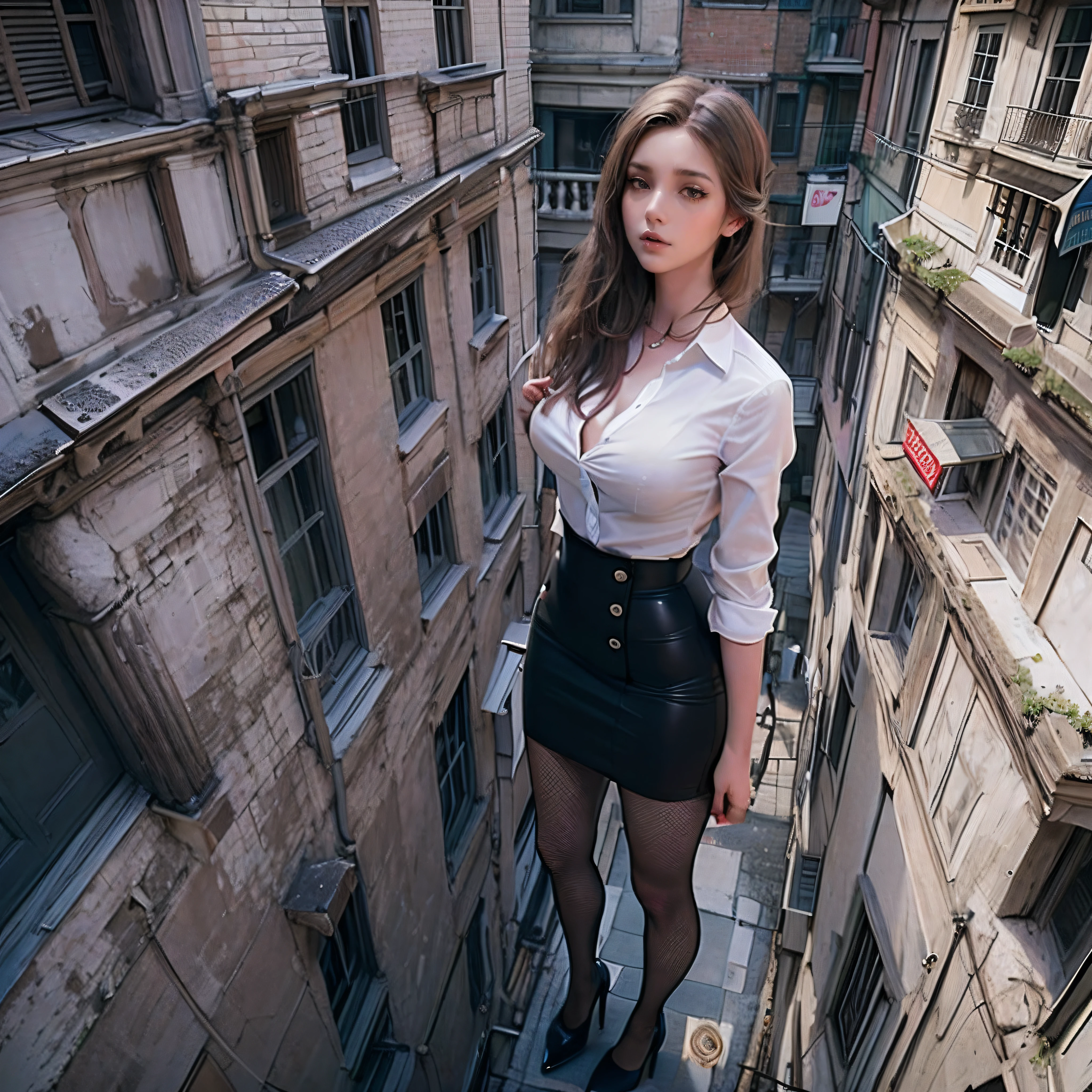 1 tall girl，Full body photo，Stand in a small alley，White tight shirt，Big breasts，pencil skirts，black lence stockings，stiletto，(Long legs:1.7),Extremely tall girl，Above the house，Beautiful looks，Delicatemakeup，Perfect lighting，Cinematic quality，8K,High quality,(minigiantess:1.5),Photos from a top-down perspective