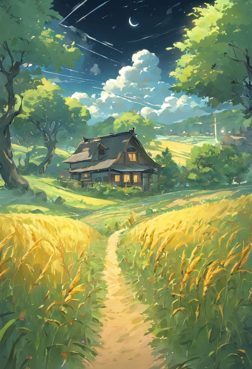 There are a lot of small houses，small village，Van Gogh painting style，paths，The tree，grassy，Cook，（（starrysky）），fine art piece，wheat field，tmasterpiece，k hd。Rich in color