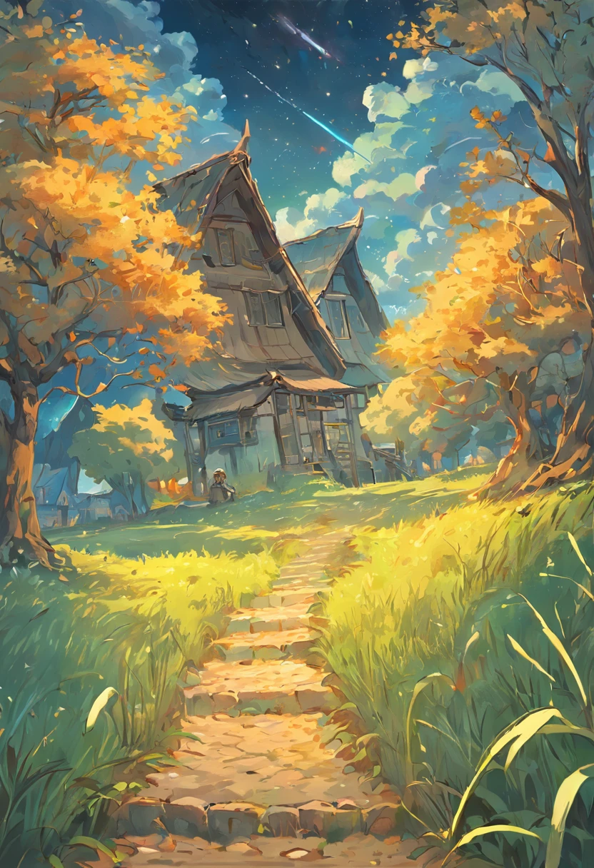 There are a lot of small houses,small village,Van Gogh painting style,paths,The tree,grassy,Cook,((starrysky)),fine art piece,wheat field,tmasterpiece,k hd。Rich in color