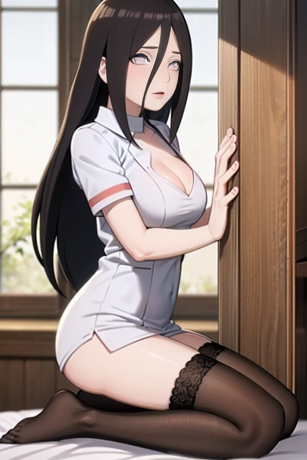 Masterpiece, Highly detailed, Best quality, 超高分辨率, 1girll, Solo, （Snow outside the window，By the fire，perspire，Be red in the face），(Medium breasts), Breasts, (Hana than Hinata:1), （In a hospital，hospital bed），(Nurse's uniform，Long black stockings，sit on a bed，Kneeling，Leaning your hands against the wall), cleavage, From the front side，Sat down，Black eyes，White eyes white