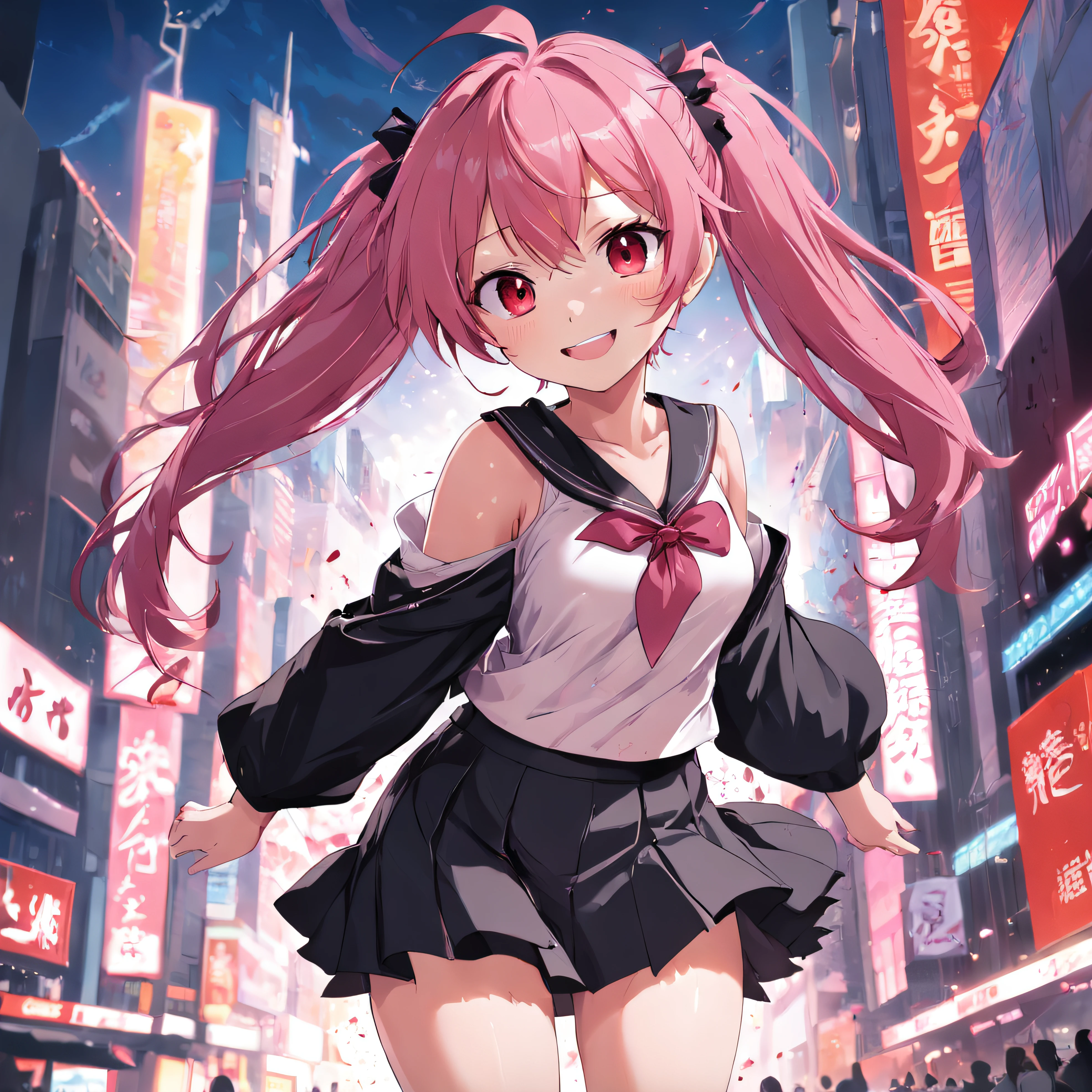 Anime girl smiles, Pink hair, Messy hair, Red eyes, Cute face, Girlfriend looks, White top, black short skirt, a sexy pose