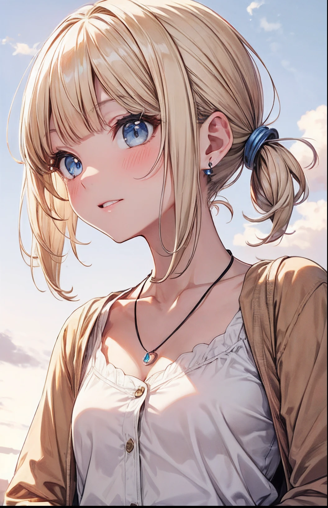 best quality,masterpiece,shiny blonde,blue eyes,white clothes, look down on, upper body,hair strand,Fair skin,short bob,wet through,french braid,blushing and red,blunt bangs,hoop earrings,gladient hair,left sideburn is longer than right one