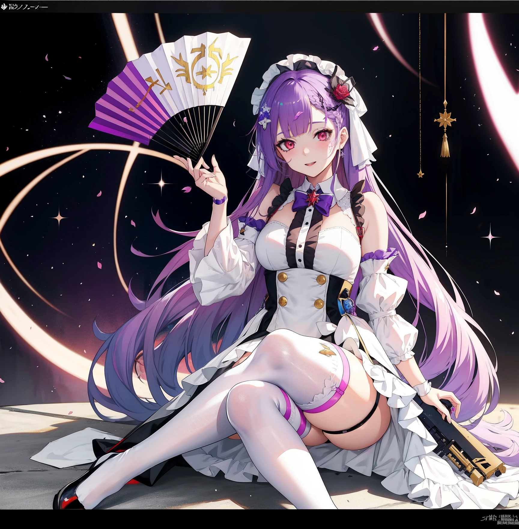 Anime girl with purple hair and white dress holding a fan, A scene from the《azur lane》videogame, ahegao, ahegao face, Marin Kitagawa fanart, azur lane style, Ayaka Genshin impact, shalltear from overlord, Splash art anime , lolidress, gorgeous maid, Loli, anmoe art style, from girls frontline
