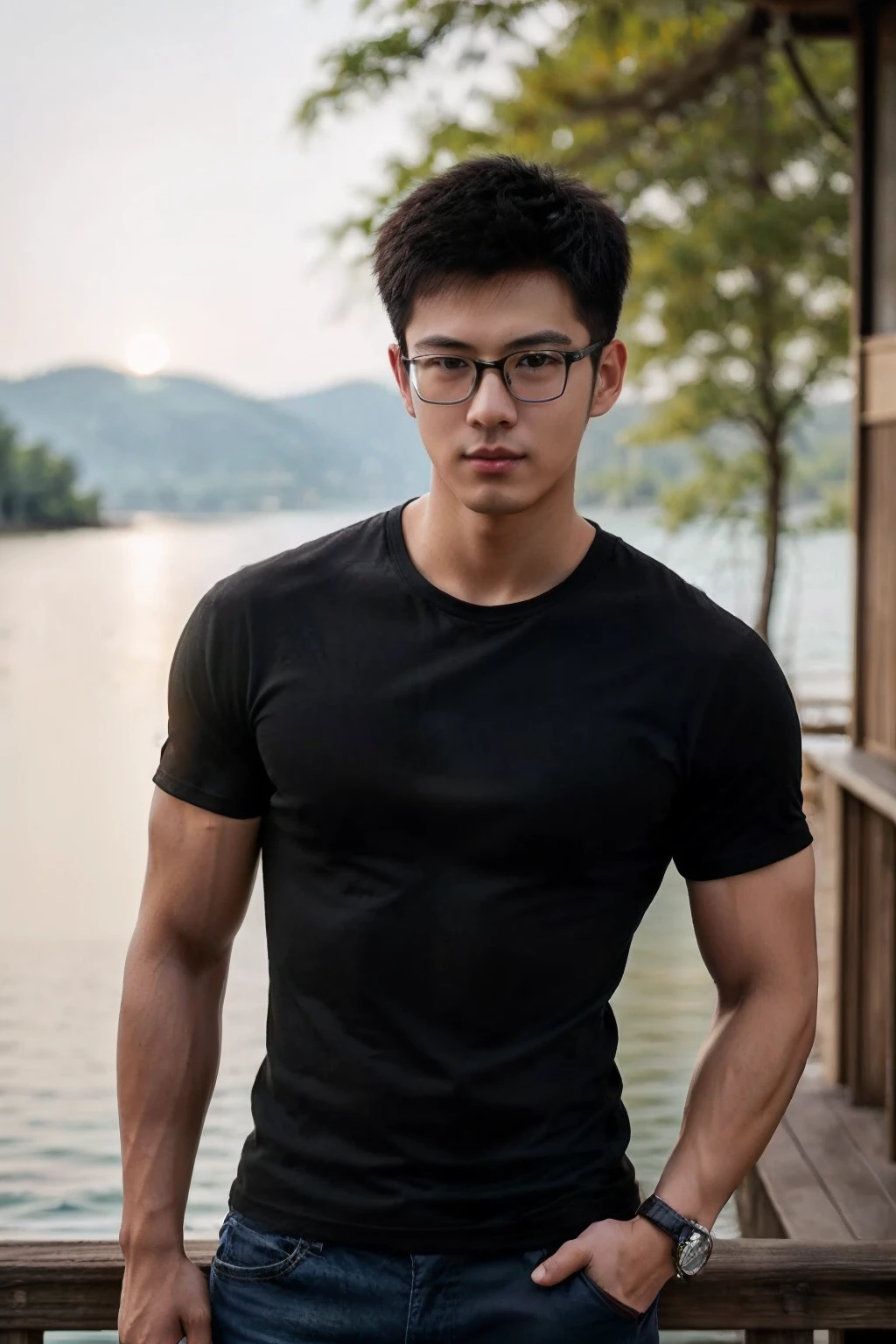 Wearing a black shirt、An Arad man in glasses stands by the lake, South Korean male, yanjun cheng, Cai Xukun, attractive face and body, photorealistic perfect body, handsome japanese demon boy, wearing tight shirt, korean muscle boy 2 1 years old, With glasses, inspired by Yanjun Cheng, prefect body, handsome chad chin, highly realistic photograph