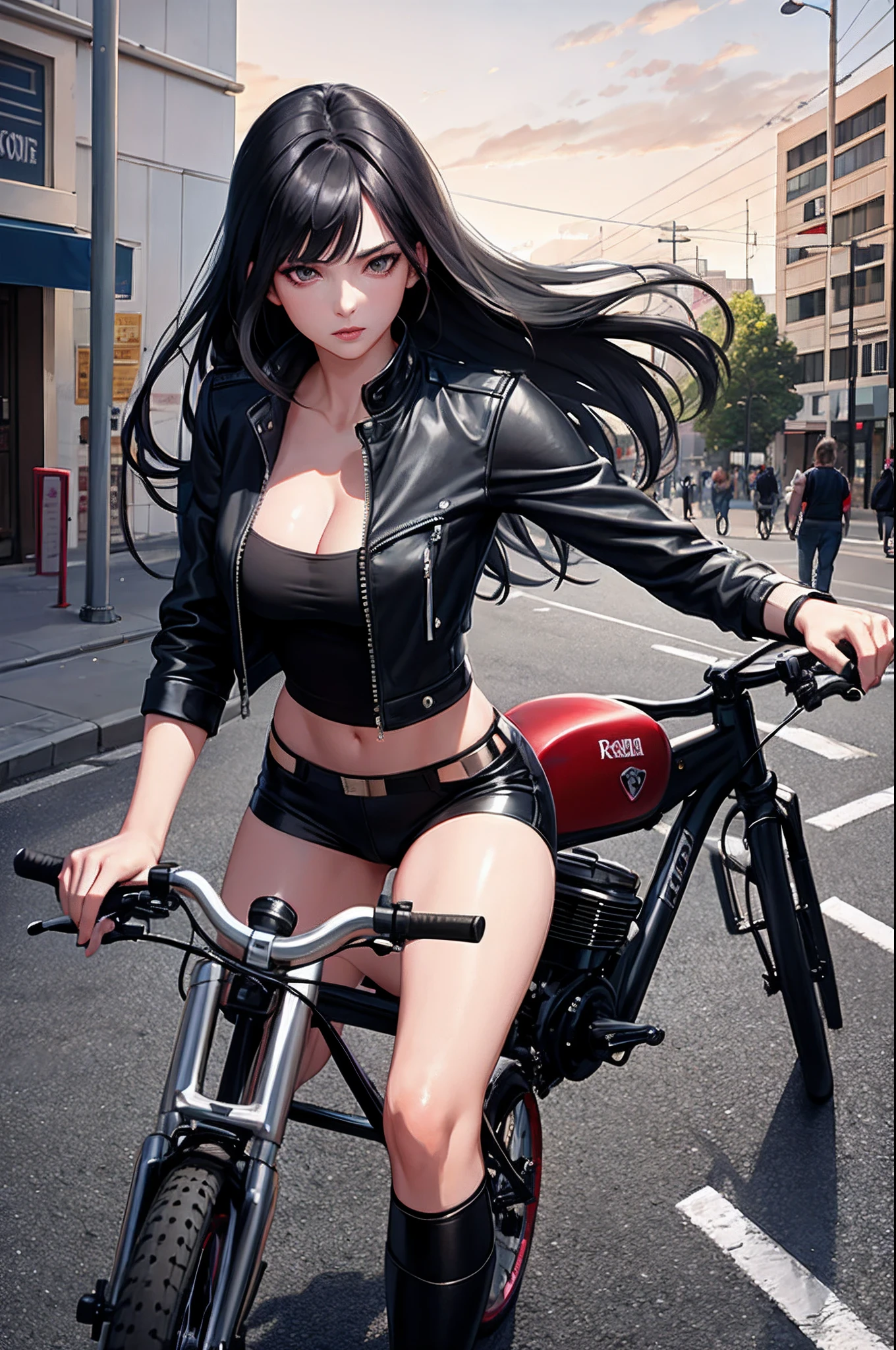 1girl, beautiful girl, Body Length 150 cm, 20 years old, (black hair, Rebel Hairstyle) , (Red eyes), realistic eyes, beautiful and sharp eyes), masculine clothing, Biker clothing, medium breasts, (8k wallpaper), (Street wallpaper) 8k, high quilty, realistic, beautiful realistic, Cool details, raw photo, realistic clothing, black hair, realistic hair, realistic eyes, Light and cool lighting, photo realistic, Cel shaded, Gel lighting, ultra details, ((Riding a bike on the street)), (in the morning)