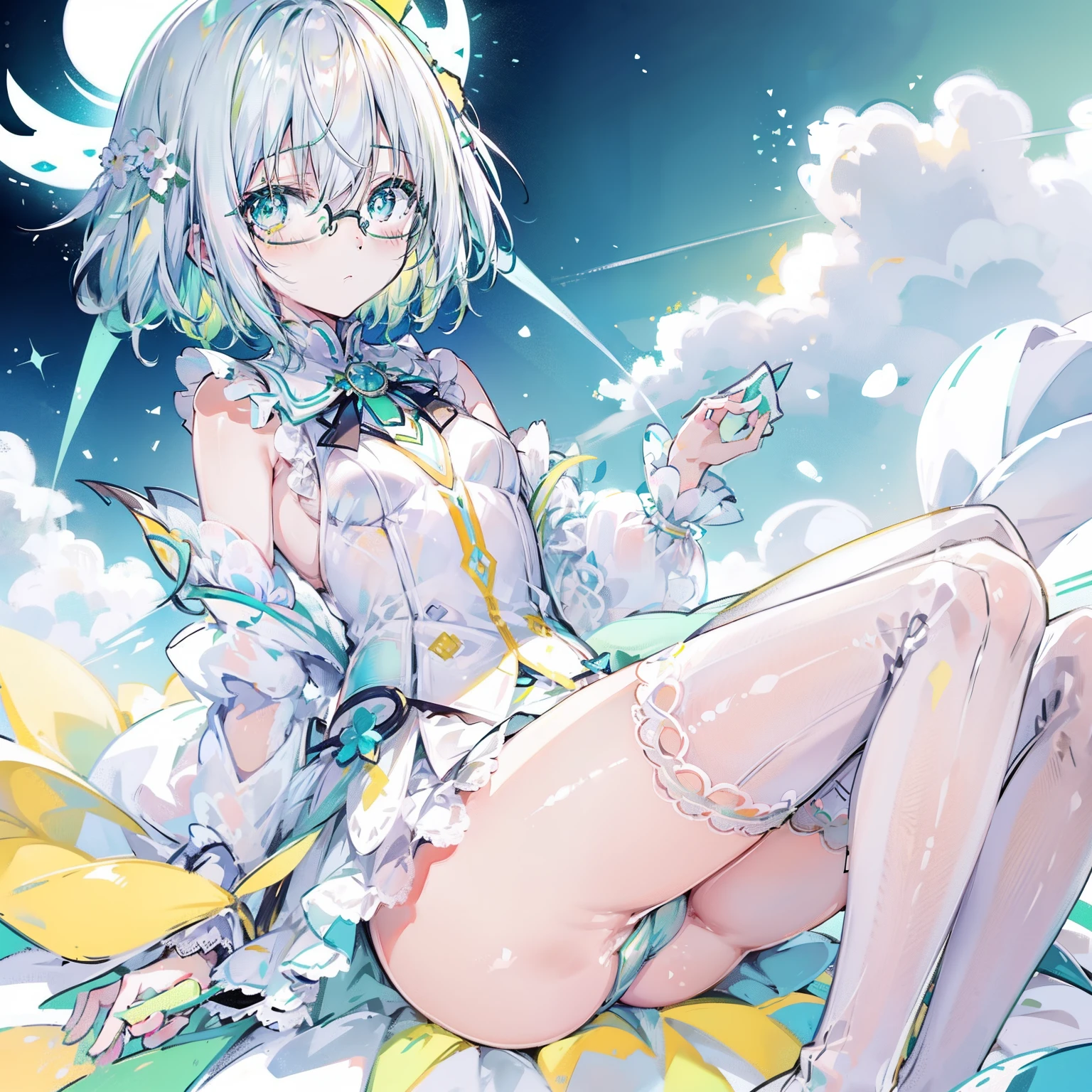 pastel green，short yellow hair，Fluorescent milky white，Blue-yellow pupils，Black thin-rimmed glasses，Yellow, Green and white clothes，Super nice looking, Especially cute and cute ish loli
