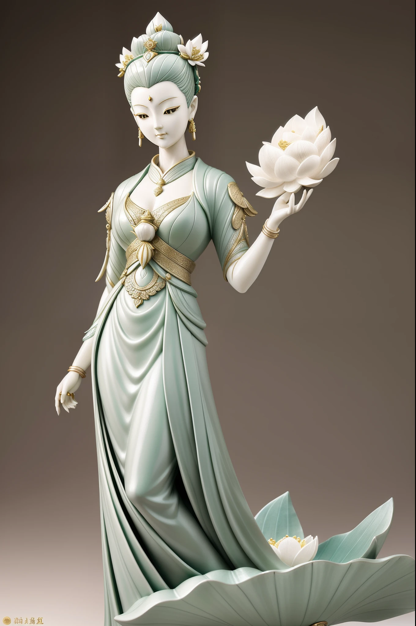 Statue of a woman holding a lotus leaf, by Russell Dongjun Lu, james jean and wlop, porcelain sculpture, pop japonisme 3 d ultra detailed, highly detailed sculpture, inspired by Fei Danxu, jade sculpture,