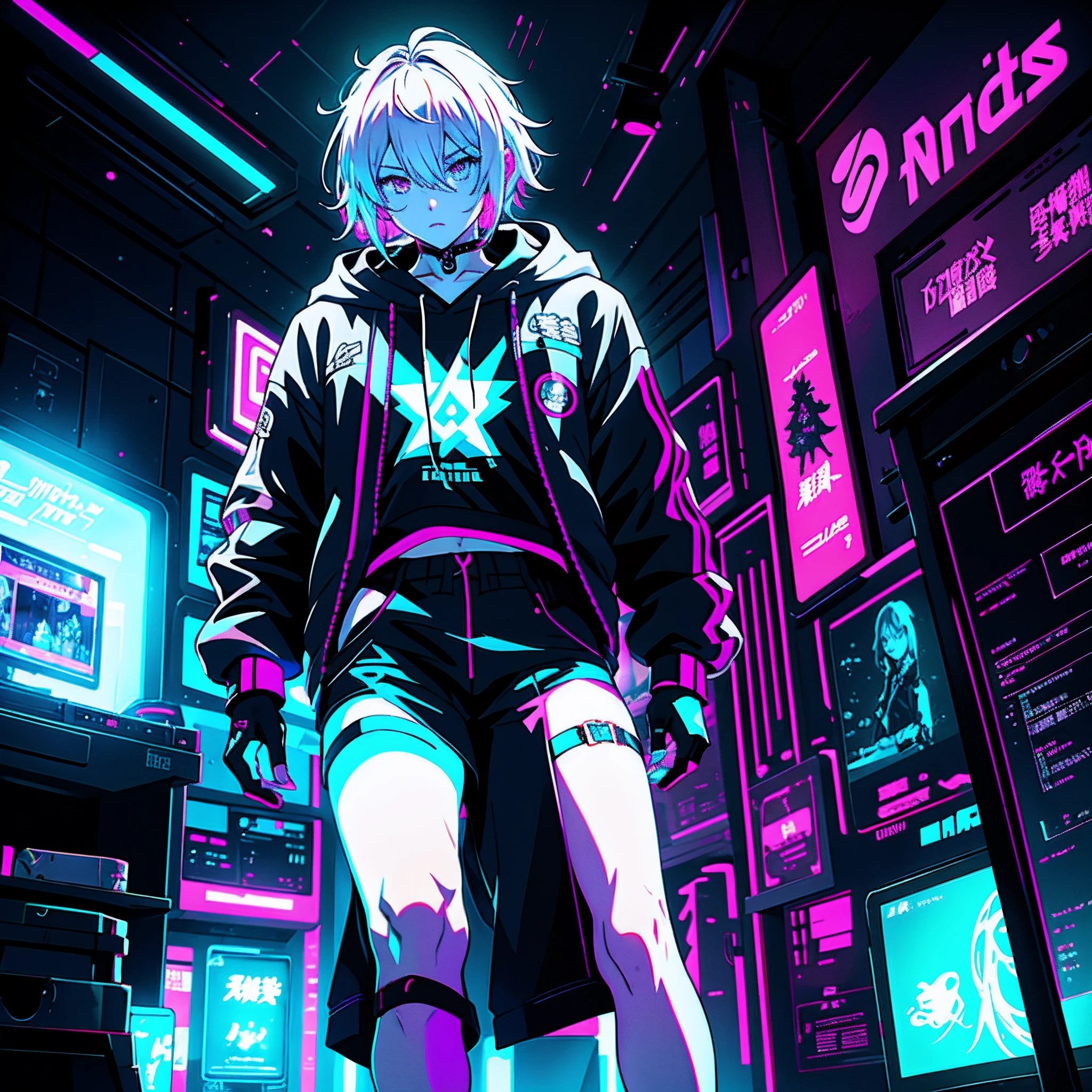 (tmasterpiece)Cold boy,with short white hair,Neon cyberpunk-inspired hooded sweatshirt and shorts,Anime inspiration,Darkroom with illuminated screen,immersiveatmosphere,Gaming devices,Futuristic technology,A fascinating digital world,Neon flashing arcade game,Vivid and contrasting colors,Vivid animated characters,Soft shadows and cell shadows,Immersive and detailed scenery,Game idol and fantasy characters, Dynamic and playful pose。