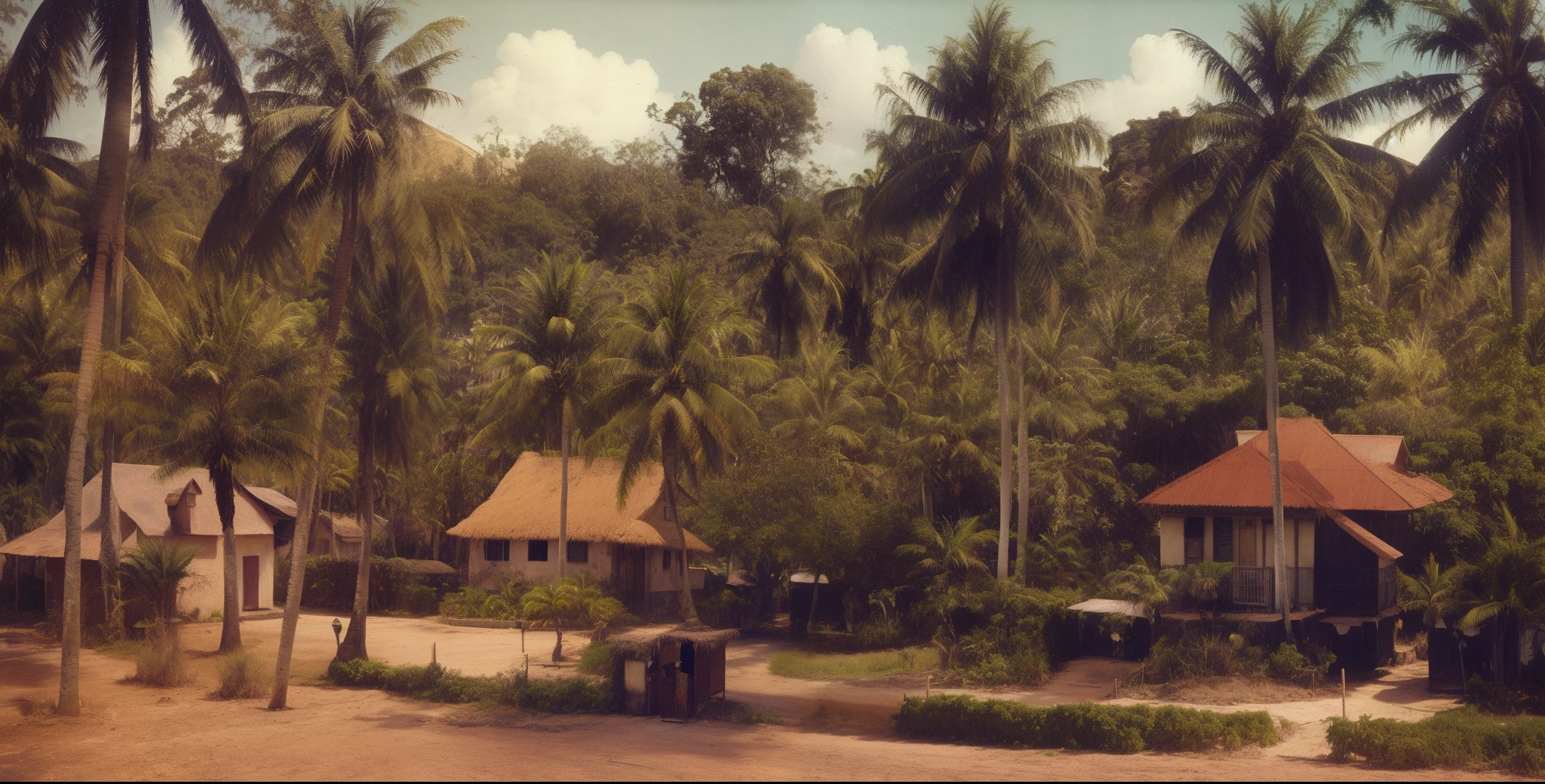 arafed houses in a tropical area with palm trees, colored-historical photo, masterpiece, 12k resolution, high-definition