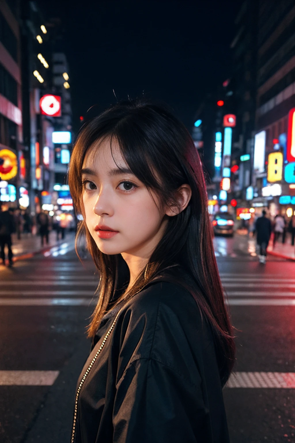 1girl, Tokyo street,night, cityscape,city lights, upper body,close-up, 8k, RAW photo, best quality, masterpiece,realistic, photo-realistic,