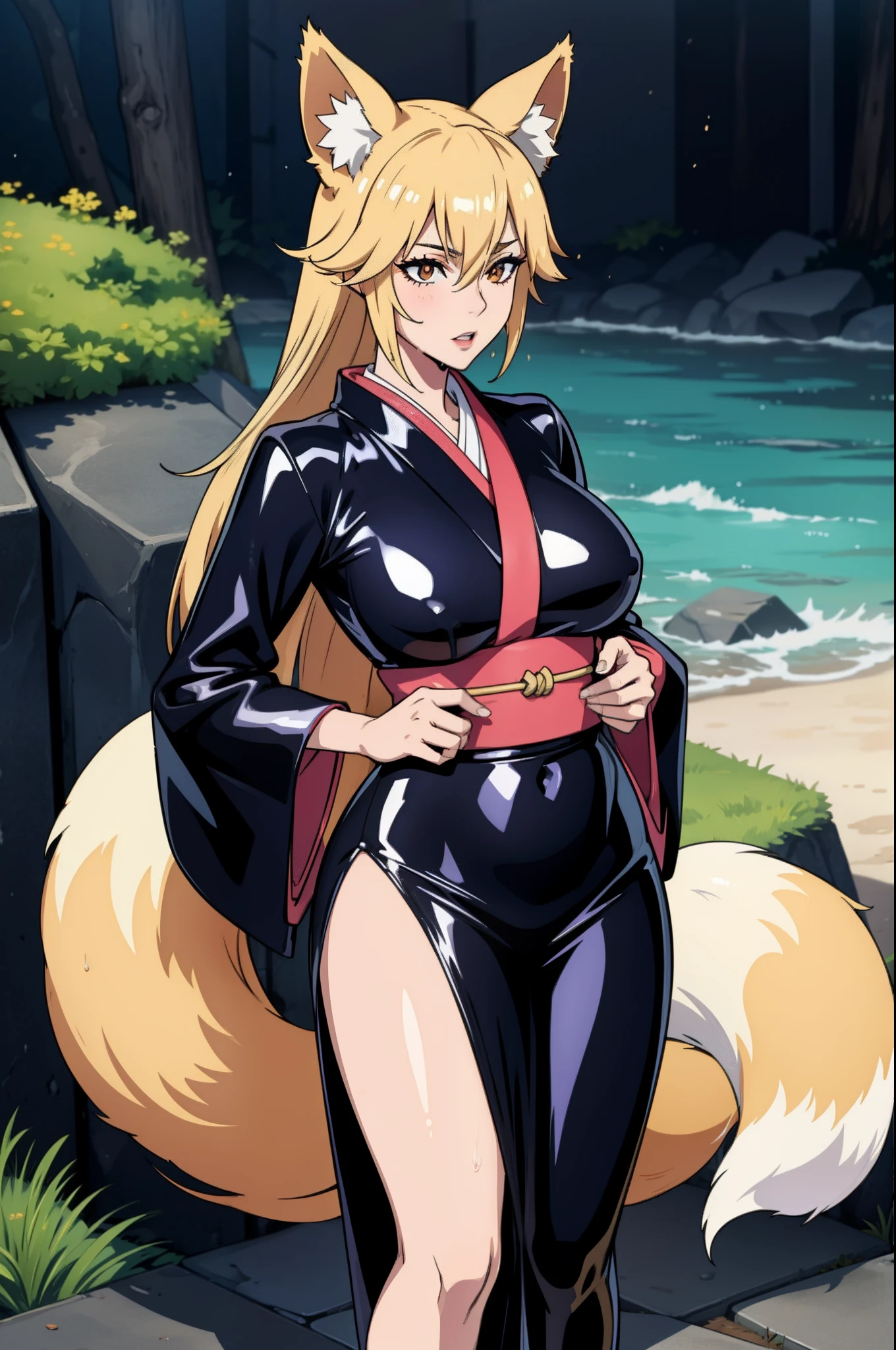 1girl, fox ears, fox tail, latex, shiny clothes, wet look, kimono, mature woman, wide hips, sexy,