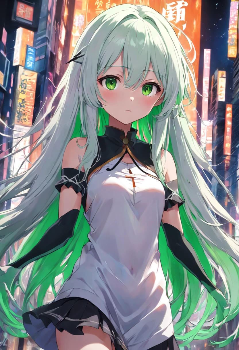 Anime girl with long green hair and white and black top, Nasida from the original god