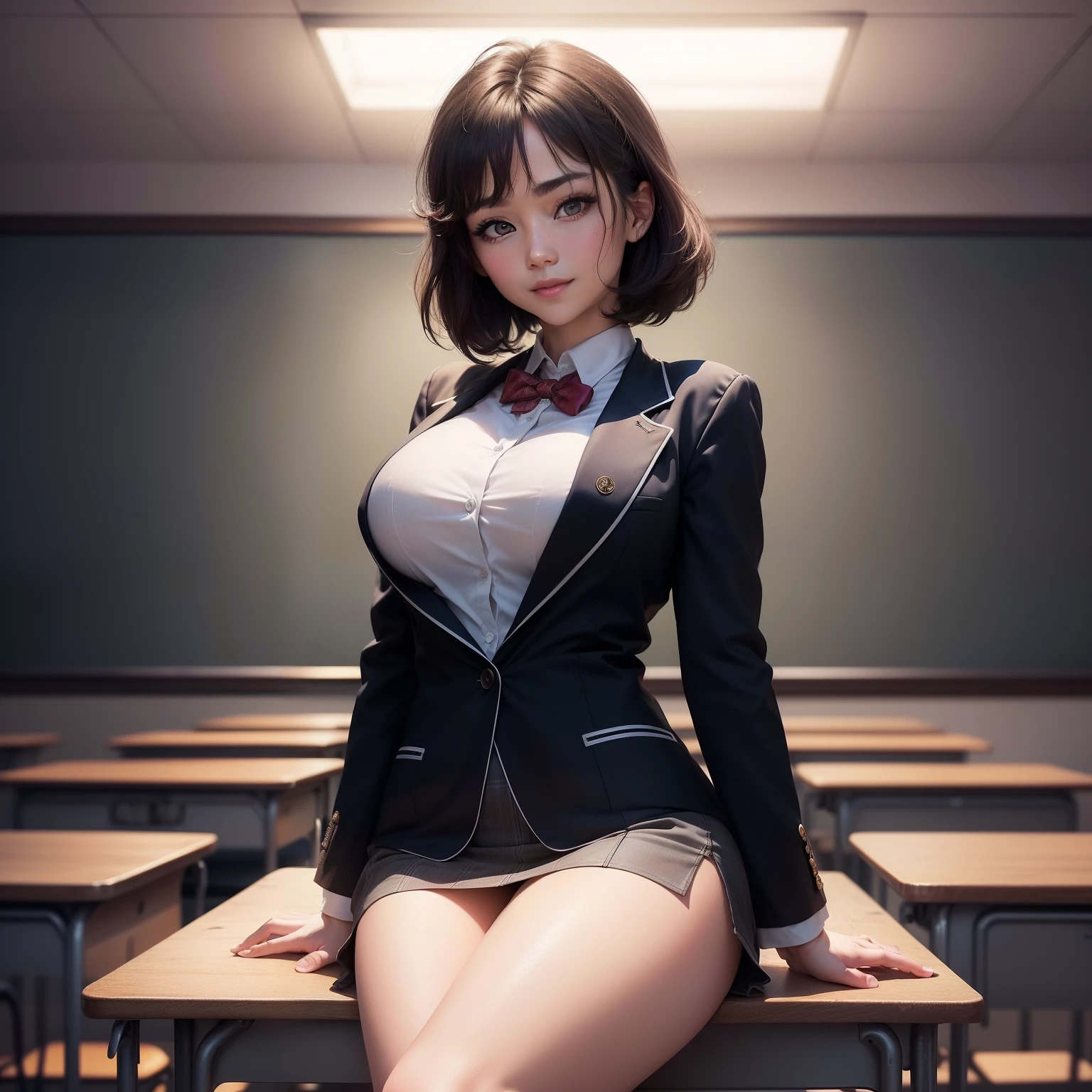anime big breast, Realistic female anime style, (aegyo sal: 1), 18 years old girl, (grey blazer, tape, Fold the miniskirt, sockes, Private school uniforms: 1.2), Classroom, The details in the eyes are beautiful, (eye size: 3/4) light in face, ((fully body photo: 1.2)), especially strong light, (Upper Eye, Smiling smile: 1.2), glowy skin, (((brunette color hair, Cabello Bob: 1.2))), (Thigh thick), ulzang-6500-v1.1: 0.2, bashful, (Flash: 1.2), NSFW , (swollen), ((tempting pose: 1.2, attractiveness: 1.2)), (invalid), (sitting at a desk in classroom: 1.2)), ((Good anatomy: 1.2)), ((Bright and refreshing classroom, The background is blurred out: 1.2)), s the perfect face, Cute and symmetrical face, (high-angle shot: 1.2)S., Natural side lighting, ((8K, photo RAW, SuperiorQuality, tmasterpiece), HD RAW color photo professional close-up Photograph, (realisticlying, rendering: 1.37), (Highest quality), (better shade), (Most Best Illustration), 鎖骨 ((The large)), ((Erotic, Sexy, 超高分辨率, 8K HD unified CG wallpaper, Physical representation, Movie lighting), Canon EOS R50 camera 50mm lens