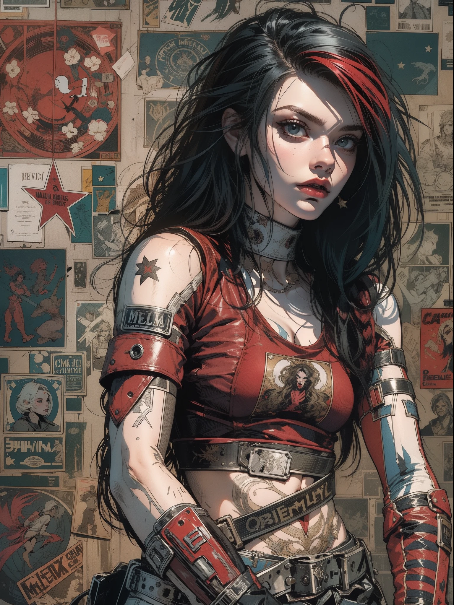 (((mulher))), (((melhor qualidade))), (((obra prima))), (((adulto))), (((1girl))), ((( corte de cabelo bob ))), Uma gladiadora cyberpunk mulher de 25 anos com corpo perfeito, shoulder pads with metal spines, Gladiadores do Brooklyn, (( corte de cabelo bob )), tiny leather panties, camiseta de time de rugby rasgada, quase nua no estilo selvagem urbano de Simon Bisley para a capa da revista Heavy Metal, Cabelo loiro curto, Minimum clothing, Metal protection on the left arm with intricate graphics, Dark red with white stars and white and navy blue checkerboard pattern, armadura, cheio de pontas e rebites, (((do joelho pra cima))), cabelos loiro branco curto, no fundo uma parede pintada por Shepard Fairey com um design intrincado
