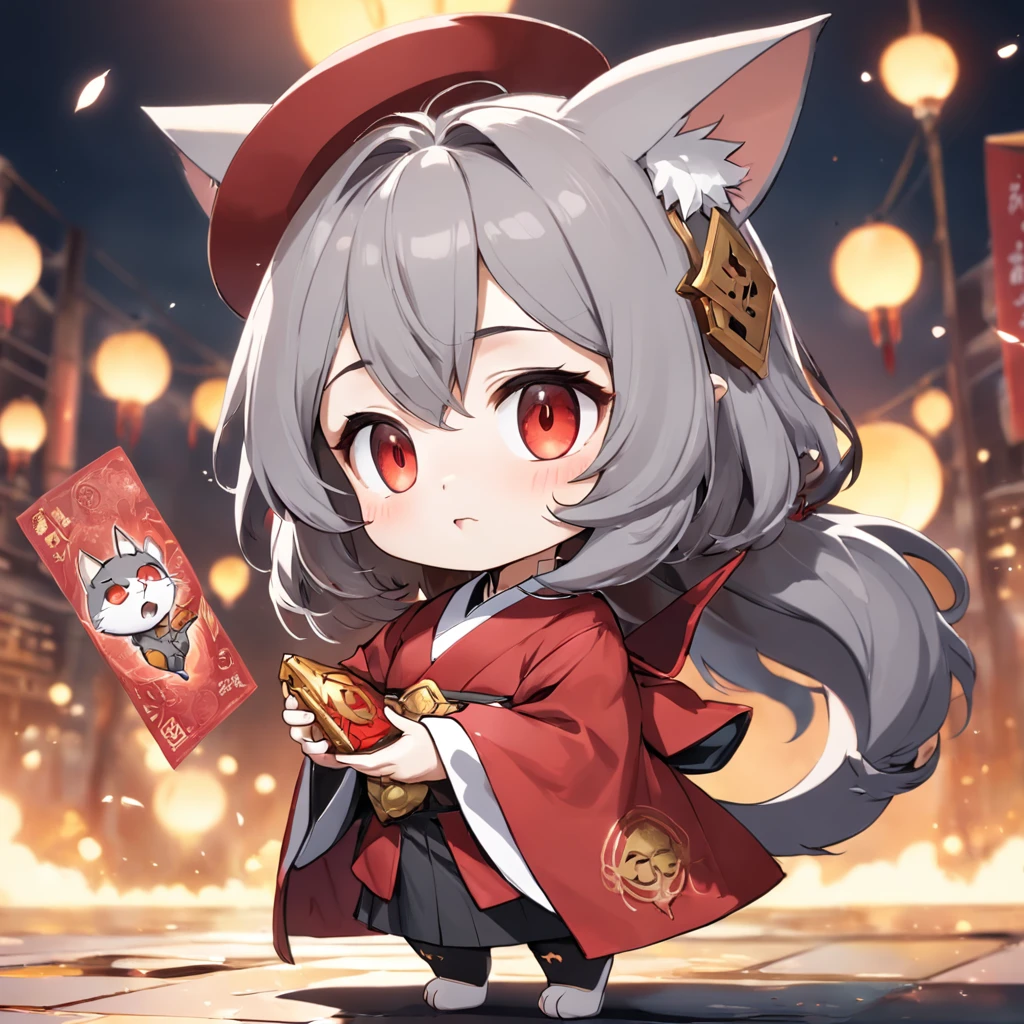 Close-up of a cartoon cat holding a red envelope, maplestory mouse, fat chibi grey cat, telegraph stickers, author：Master of Han Chinese, cute chibi rat wizard, elokitty, tchibi, negao, discord pfp, telegraph stickers design, cute character, Keqing from Genshin Impact, profile picture 1024px,Masterpiece, Best close, cheerfulness, Warm and soft lighting, Sunset, (spark of light:0.7)