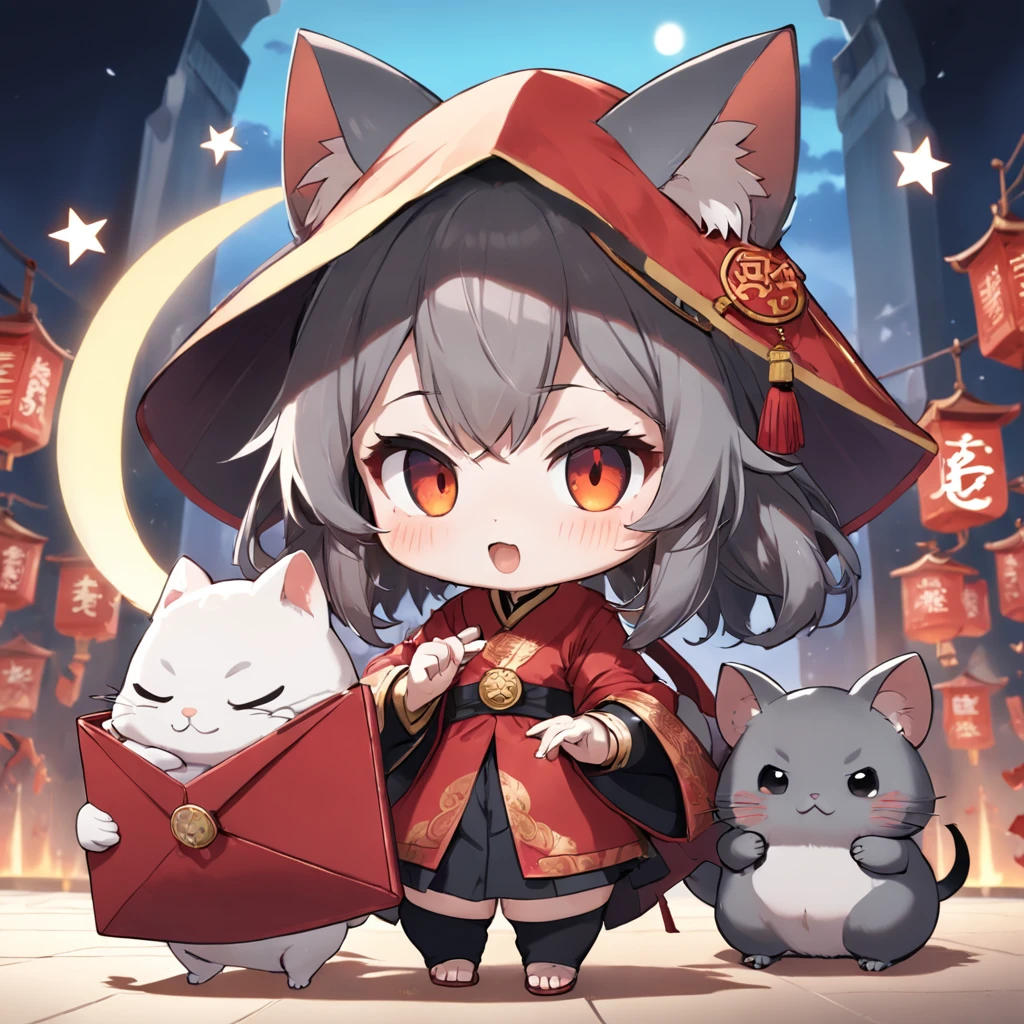Close-up of a cartoon cat holding a red envelope, maplestory mouse, fat chibi grey cat, telegraph stickers, author:Master of Han Chinese, cute chibi rat wizard, elokitty, tchibi, negao, discord pfp, telegraph stickers design, cute character, Keqing from Genshin Impact, profile picture 1024px,Masterpiece, Best close, cheerfulness, Warm and soft lighting, Sunset, (spark of light:0.7)