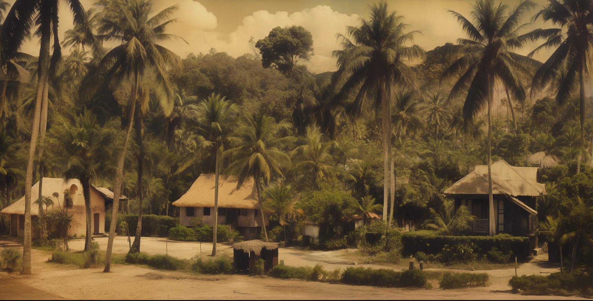 arafed houses in a tropical area with palm trees, colored-historical photo, masterpiece, 12k resolution, high-definition