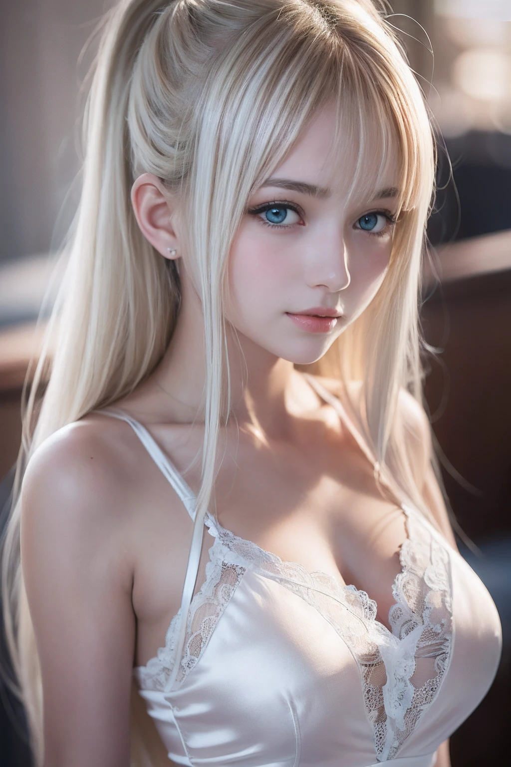 portlate、((White silk lacy camisole))、bright expression、poneyTail、Young shiny shiny white shiny skin、Best Looks、Blonde reflected light、Platinum blonde hair with dazzling highlights、shiny light hair,、Super long silky straight hair、Beautiful bangs that shine、Glowing crystal clear attractive big blue eyes、Very beautiful nice cute 16 year old girl、Lush bust