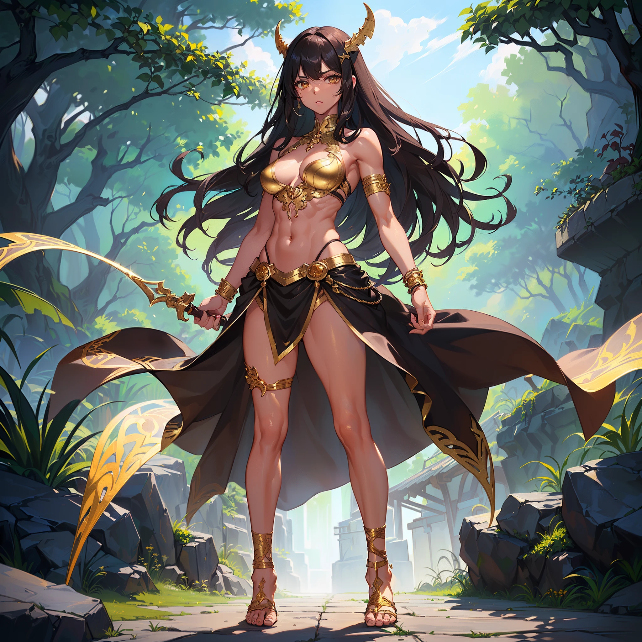(top-quality),(1womanl 1.3),(Height 175cm),(Brown skin),(Amber eyes),(wavy black hair),(Muscular and supple abs),(Skin breastplate on the chest),(Leather waistband),(Dagger on the waist),(Gold bracelet on wrist),(Gold band at ankle),(Leather sandals),(jungles),(Standing),