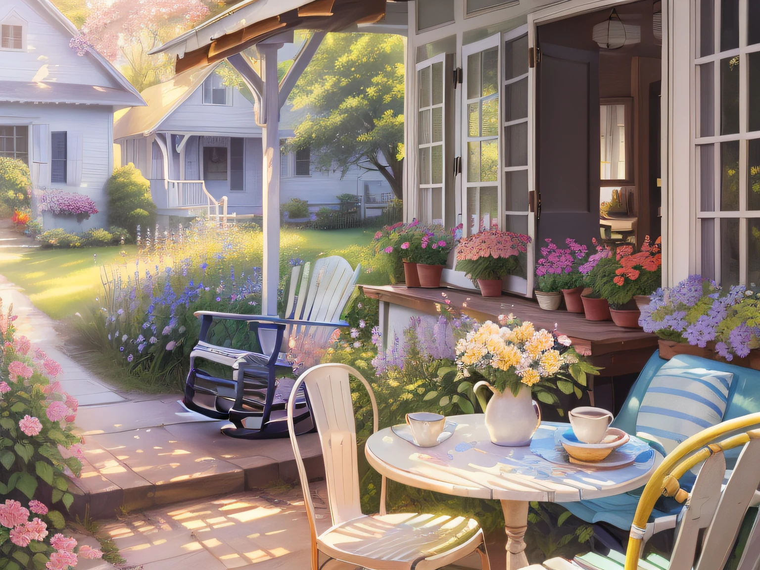 painting of a porch with a chair and a table with flowers, summer afternoon, summer morning light, by Walt Reed, afternoon hangout, by Don Reichert, by Howard Lyon, porches, by Doris Blair, hard morning light, by Carol Bove, by Richard Mayhew, cottage decor, morning glow, summer setting, summer morning, detailed watercolor painting