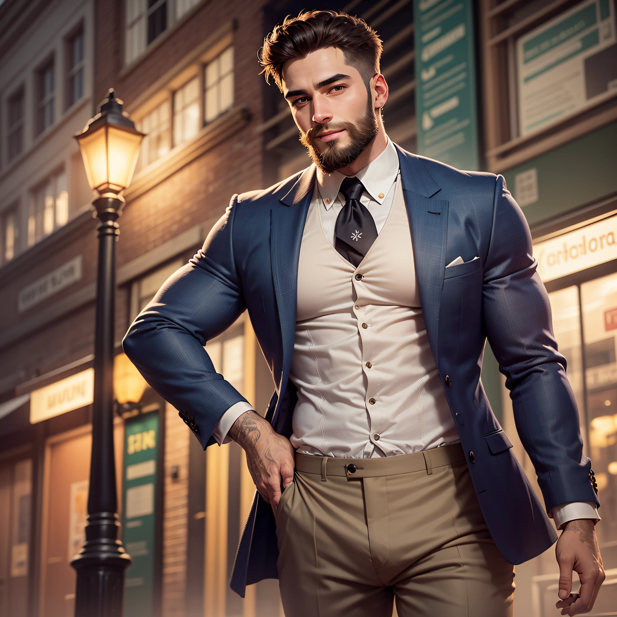 The man standing in front of the lamppost at night is a perfect example of male beauty and confidence. With his bearded face and perfect body, he catches the eye of anyone who sees him. Her sexy, inviting smile is able to melt hearts, while her eyes look sideways at the camera with a seductive gaze. While it is clear from the volume in his pants that he is attracted to something or someone, the way he remains respectful and charming shows that he is a true gentleman in search of true love.