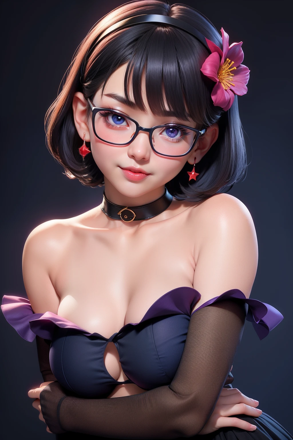 1girl, cute japanese girl, big eyes, sensual face, seductive smile, solo, short hair, open clothes, see through clothes, nipples, flower headband, collar, collarbone, red sensual lips, off shoulder, perfect round breast, small breast, cleavage, underboobs, erotic, nsfw, glasses, blush, seductive smile, cute face, looking at viewer, sexy pose, blue background, dark black hair, simple background, sexy pose, glowing purple eyes, lips, closed mouth, ribbon, hair ribbon, stellar earings, bangs, upper body, parted bangs, red ribbon