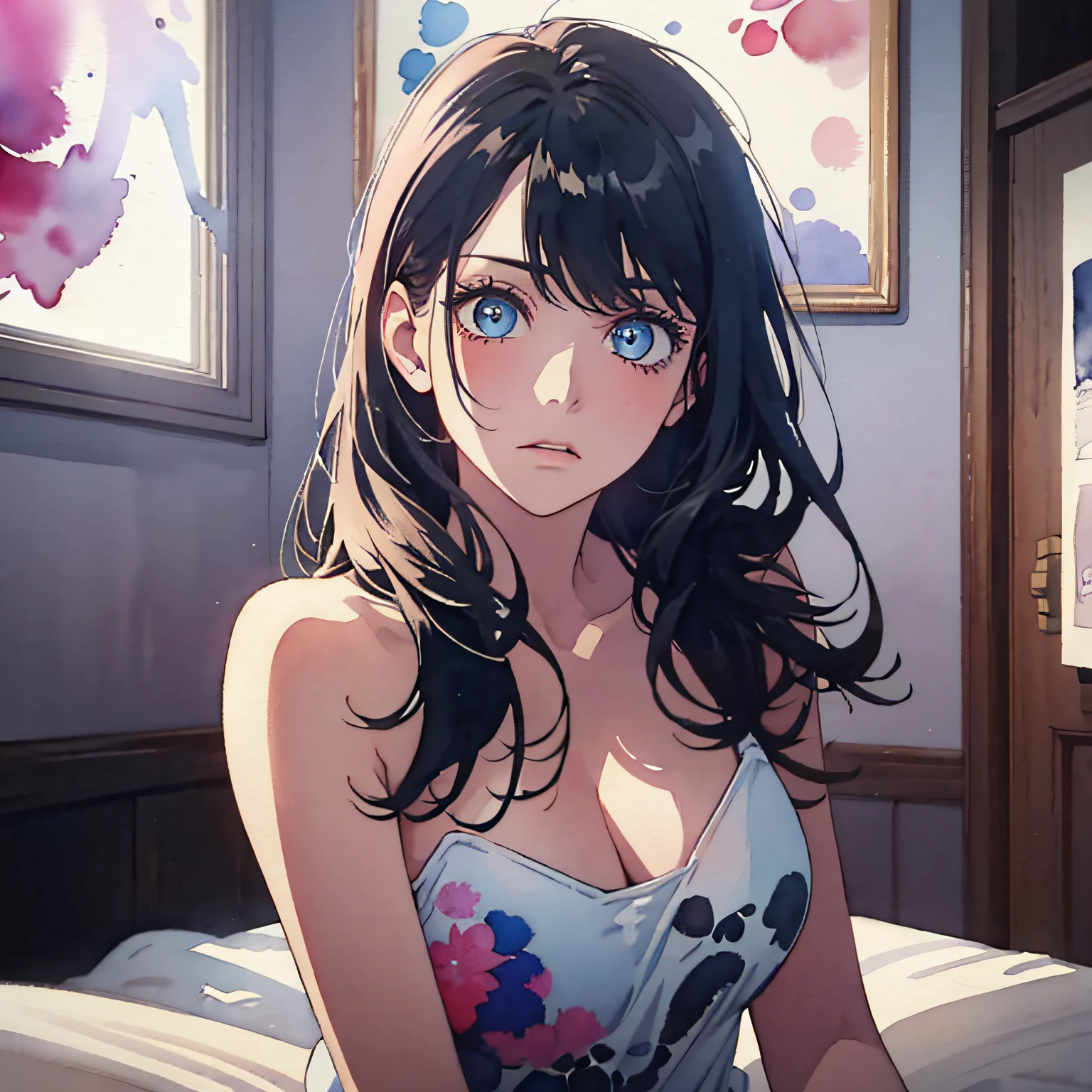 ((only one person)), A beautiful girl is sitting on a bed in a closed room, 25 years old, masterpiece,highest quality,High contrast, The upper body is naked, closeup cleavage, Interactive expressions, slender body, erotic, shorts, (high quality watercolor:1.3), black hair, perplexed, Tall body, mature, blue eyes