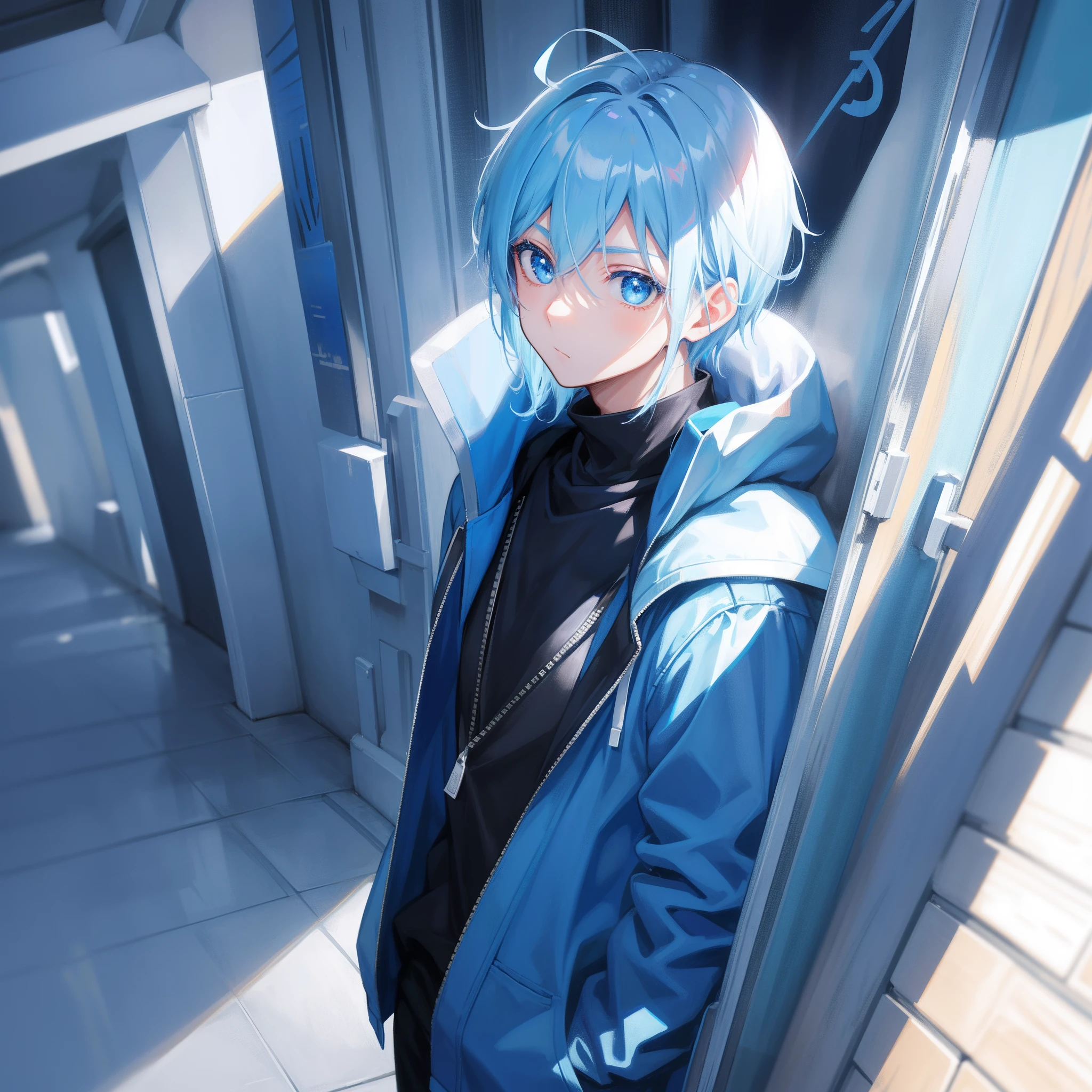 A cute boy,high and cold,Blue hair,blue colored eyes,shyexpression,style of anime,Correct ray casting,Detailed shadows,Ultra-clear,8K分辨率