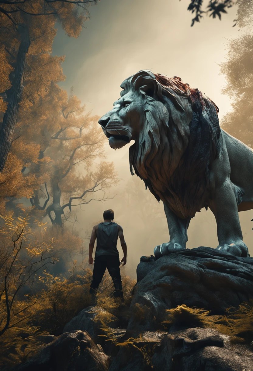Lucas Bracey, Man hunting fierce lion in the middle of the forest , 8K, photo RAW, (highly detailedskin: 1.2), (The kinky is exposed: 1.1), (Bare back: 1.5), , (Viewed from top to bottom:1.5), ((::Jae Lee and Joe Madureira style ::2.0 comix illustration style,tatoon style ,, (Beautiful and light background:1.2),, fantastic paintings , ::jason fabok and yoji shinkawa style ::2.0 comix illustration style,tatoon style , Comic book style , (Beautiful and light background:1.2),, fantastic paintings ,in graffiti style; Master parts, best qualityer, high high quality, Extremely detailed CG unit 8K wallpaper, scenecy, Award-winning photography, hdr, extremely detaile, trending on artstationh, Trends in CG society, 复杂, High detail, art by midjourney style::Kenneth Rocafort style ::2.9 (Master parts:1.2, best qualityer), (美丽詳細な目: 1.2),