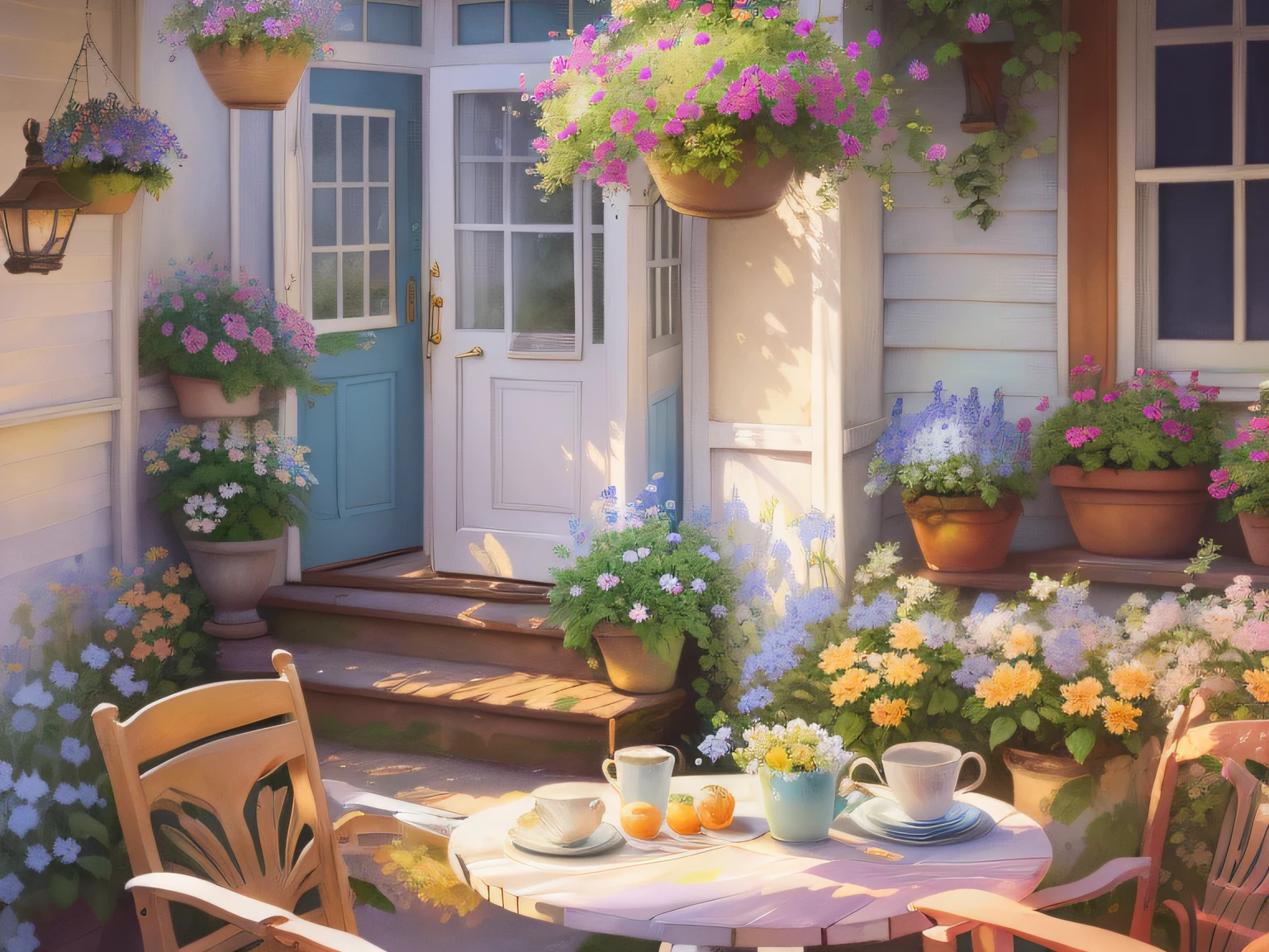 painting of a porch with a chair and a table with flowers, summer afternoon, summer morning light, by Walt Reed, afternoon hangout, by Don Reichert, by Howard Lyon, porches, by Doris Blair, hard morning light, by Carol Bove, by Richard Mayhew, cottage decor, morning glow, summer setting, summer morning, detailed watercolor painting