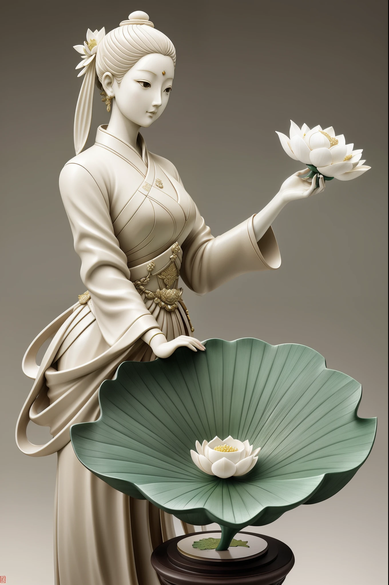 Statue of a woman holding a lotus leaf, by Russell Dongjun Lu, james jean and wlop, porcelain sculpture, pop japonisme 3 d ultra detailed, highly detailed sculpture, inspired by Fei Danxu, jade sculpture,