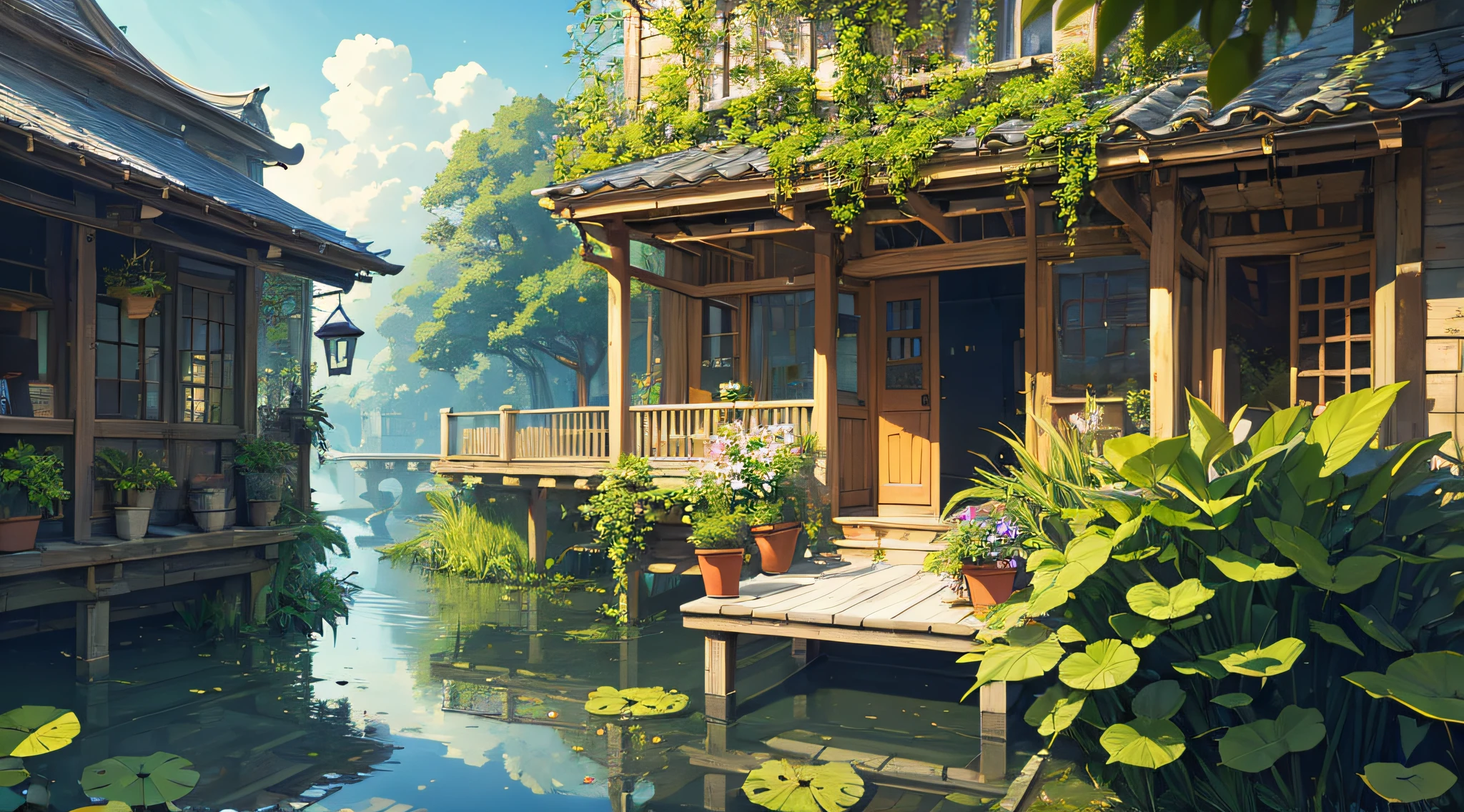 (micro-landscape:1.5),(best quality), ((masterpiece)), (highres), illustration, original, extremely detailed wallpaper, no humans, window, scenery, plant, water, potted plant, outdoors, building, door, house, flower pot, day, lily pad, chair, flower, table, stairs, watermark, hat, tree, sunlight, pond, grass, indoors, reflection, lamp, balcony, black headwear, bush, sky, railing, desk, open window, shelf, leaf, book, web address, copyright name, ladder, architecture, shadow, solo, dated, vines, vase, city, cafe, lantern, bucket, ruins, bench, shop, signature, moss, boat, barrel, river,