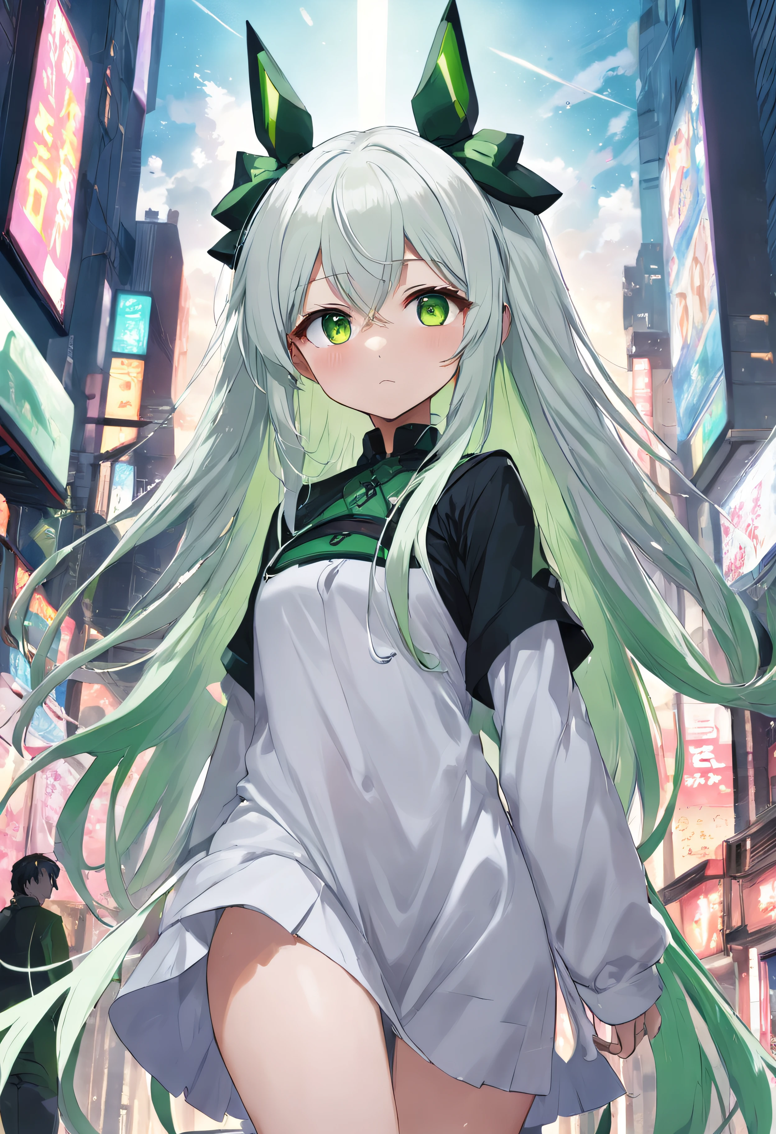 Anime girl with long green hair and white and black top, Nasida from the original god