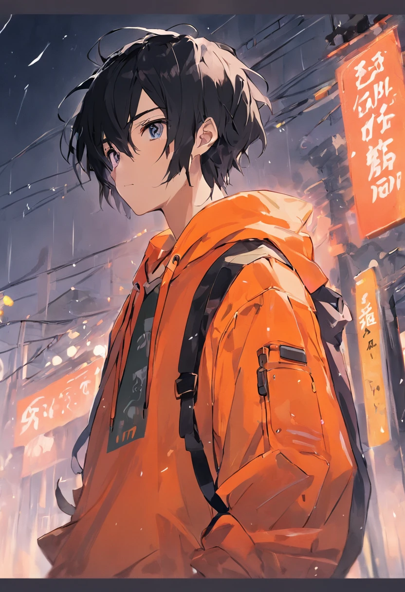 Bigger face、Hairstyle is black hair and bobbed head、Narrowed eyes、The body is thin and、Male college student with short legs、japanes、Orange hoodie、Gray rain pants、Wearing black boots、