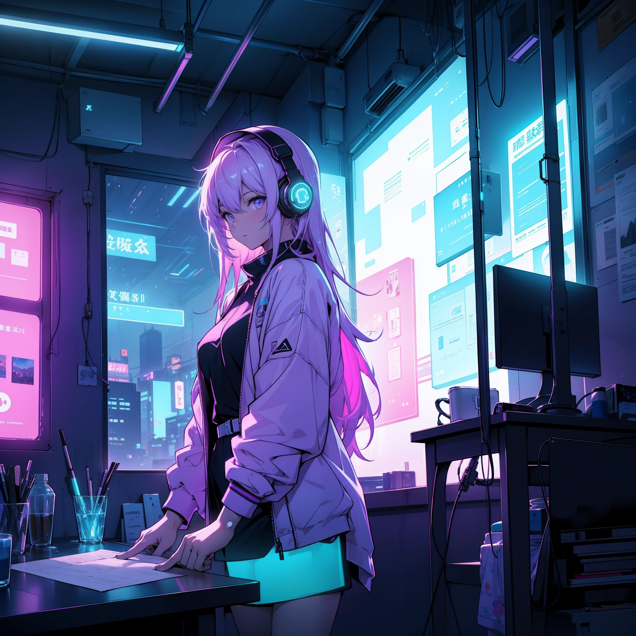 Neon lights on the windowsill shine at night、A woman living alone wears headphones and studies on a desk on the left。In the corner of the room, There is a view wrapped in the silence of the night.、The beauty of the universe beyond the window glass unfolds before your eyes.。Except for her，No Man、Neon lights illuminate the room in a fantastic way。The color is purple