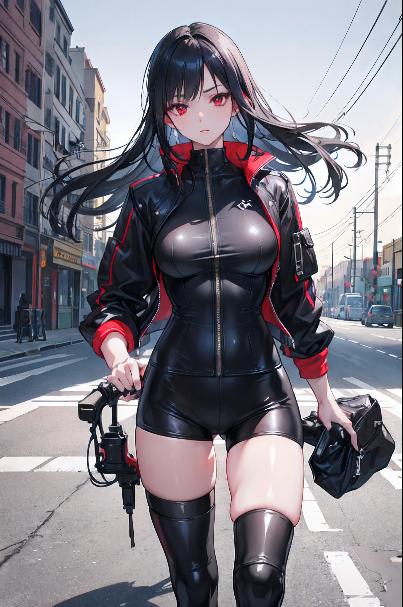 1girl, beautiful girl, Body Length 150 cm, 20 years old, (black hair, Rebel Hairstyle) , (Red eyes), realistic eyes, beautiful and sharp eyes), masculine clothing, Biker clothing, medium breasts, (8k wallpaper), (Street wallpaper) 8k, high quilty, realistic, beautiful realistic, Cool details, raw photo, realistic clothing, black hair, realistic hair, realistic eyes, Light and cool lighting, photo realistic, Cel shaded, Gel lighting, ultra details, ((Riding a bike on the street)), (in the morning)