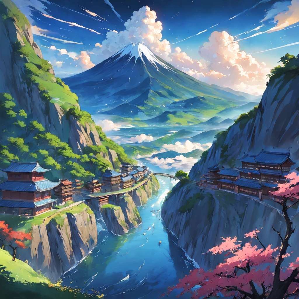 (Excellent picture quality、best qualtiy：Pinnacle computer desktop wallpaper, Detailed depictions of mountain scenery come into view from computer windows，Highlight a flower artistically drawn in a learning environment，The style is similar to Japanese anime。)