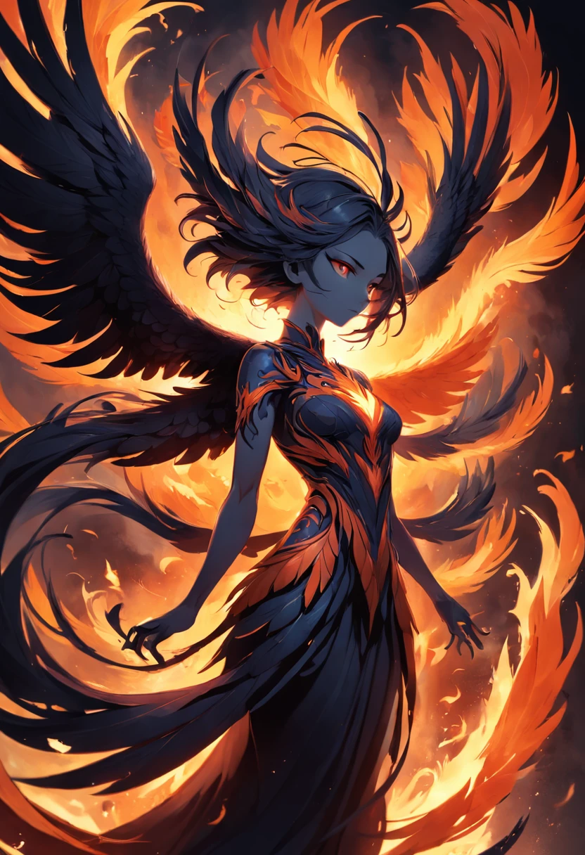 Create an image that represents the phoenix symbol in a stylized way, moderno e minimalista, Cores - Tons de cinza escuro/Preto para a silhueta. The phoenix must be on the rise, com suas asas abertas de forma majestosa. The body of the phoenix should be a monochromatic silhouette, Conveying the idea of rebirth and prevention. In the feathers of the phoenix, Represent human hands intertwined to symbolize community unity in the fight against ?????. The colors to be used are shades of dark gray or black for the silhouette of the phoenix and, Possivelmente, um tom de laranja ou vermelho suave para o fogo nas asas. A imagem deve ter um estilo moderno, minimalista e sofisticado. Make sure the phoenix is clearly recognizable and conveys the message of rebirth and hope.