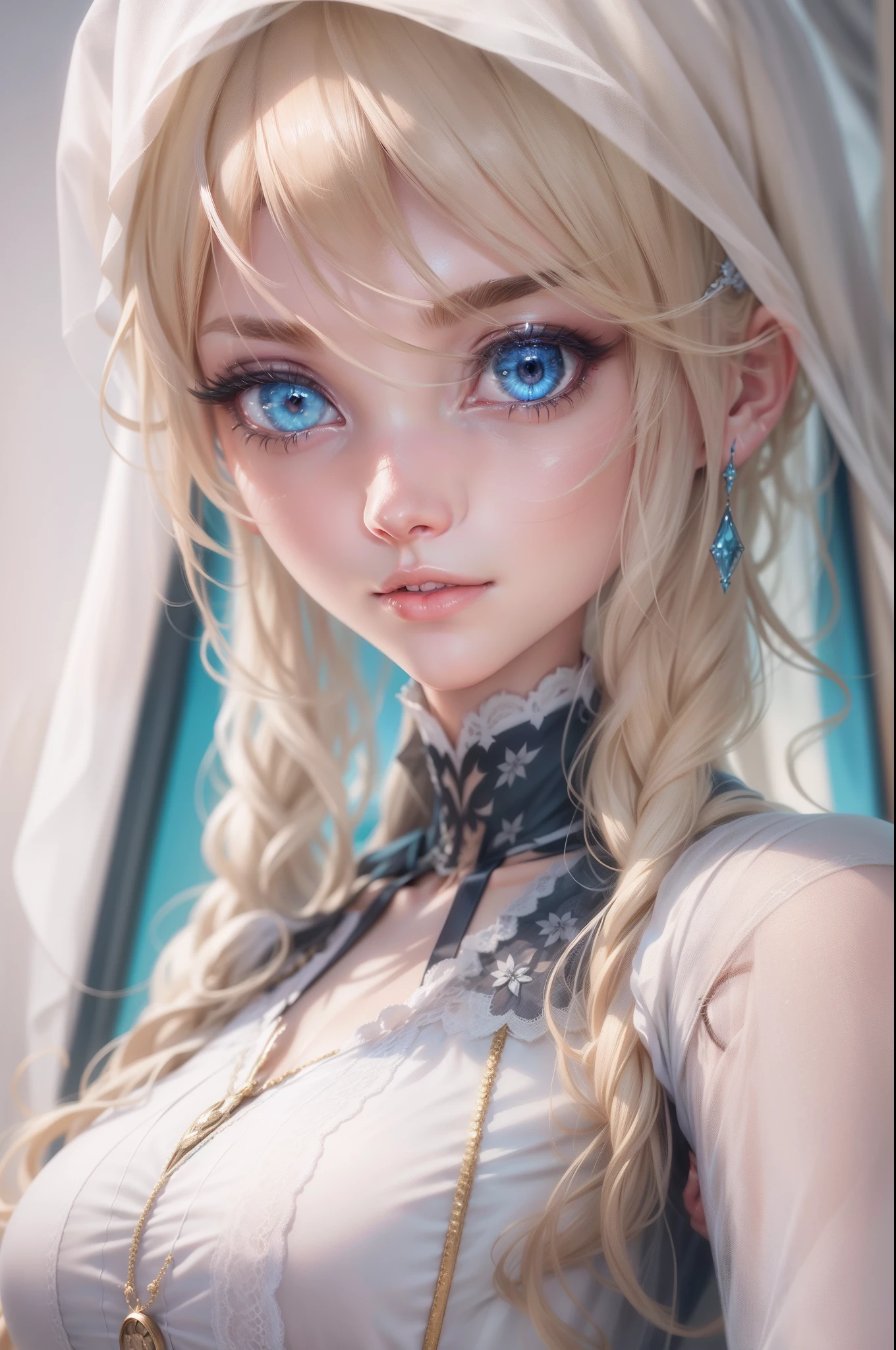 Blonde woman with blue eyes and veil on head、Soft portrait shots 8 k、Photorealistic beautiful face、8K portrait rendering、Realistic beautiful face、beautiful realistic face、photorealistic anime girl render、hyperrealistic beautiful face、8K realistic digital art、realistic digital art 4k、realistic digital art 4 k、very realistic digital art,{{{{Dynamic Angle Full Body}}}},{{{{Dynamic Angle Full Body}}}}