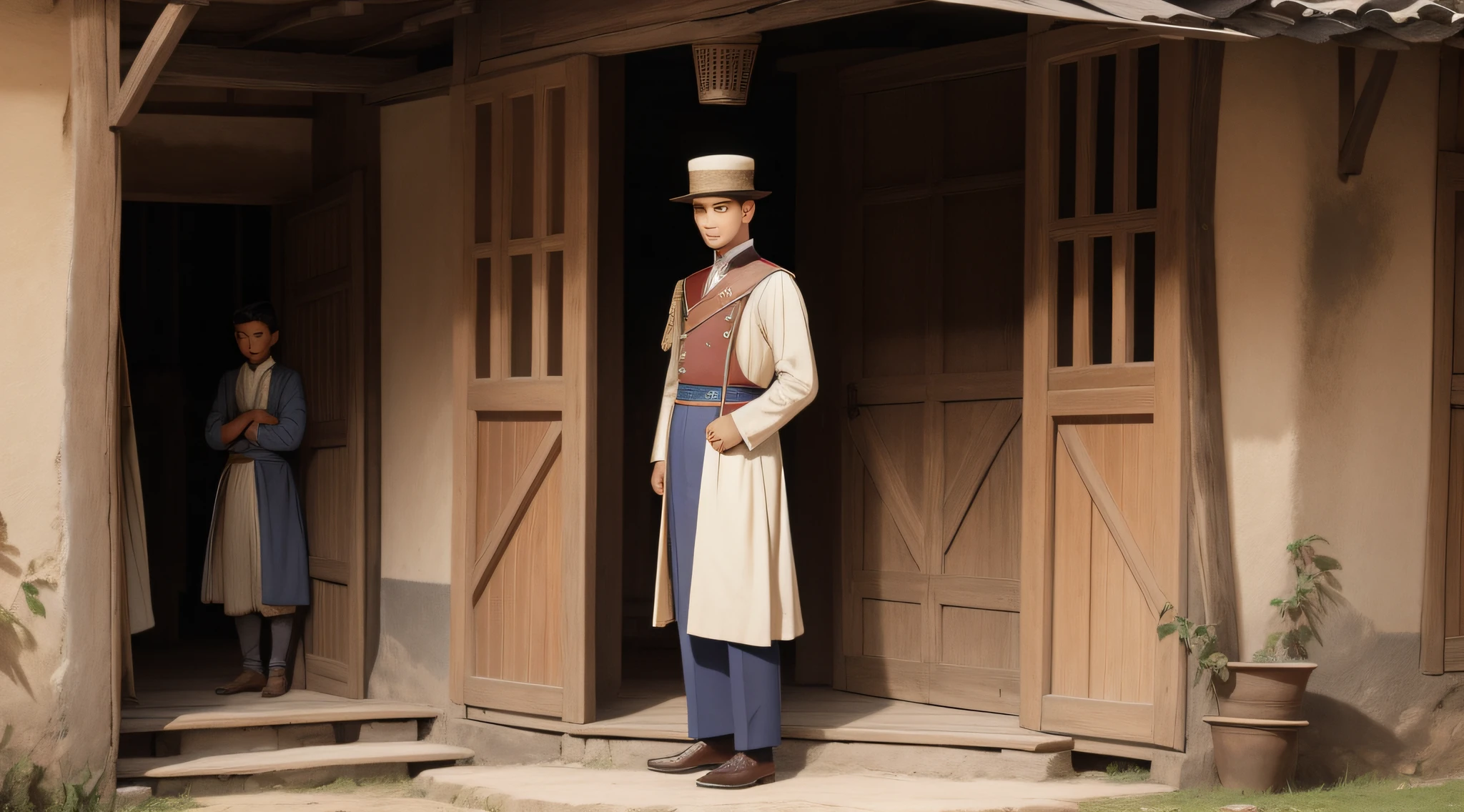 A young prince in early 20th century clothing at the door of a humble peasant's home