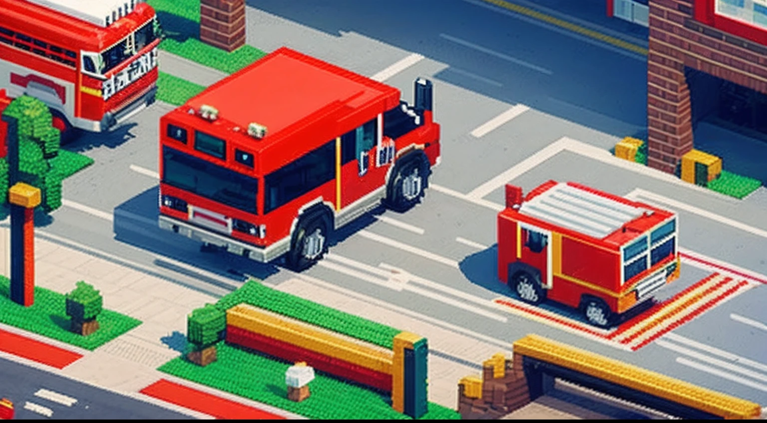 pixel game，scenography，fire truck， Pixel art #pixelart