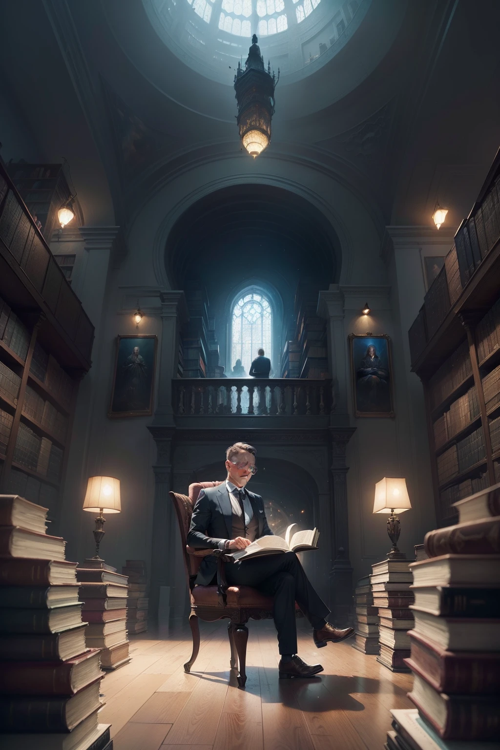 there is a painting of a man sitting on a pile of books, magical realism painting, science fantasy painting, borne space library artwork, infinite celestial library, inspired by tomasz alen kopera, by maxim verehin, library of babel, by tomasz alen kopera, by Tadeusz Pruszkówski, the library of babel