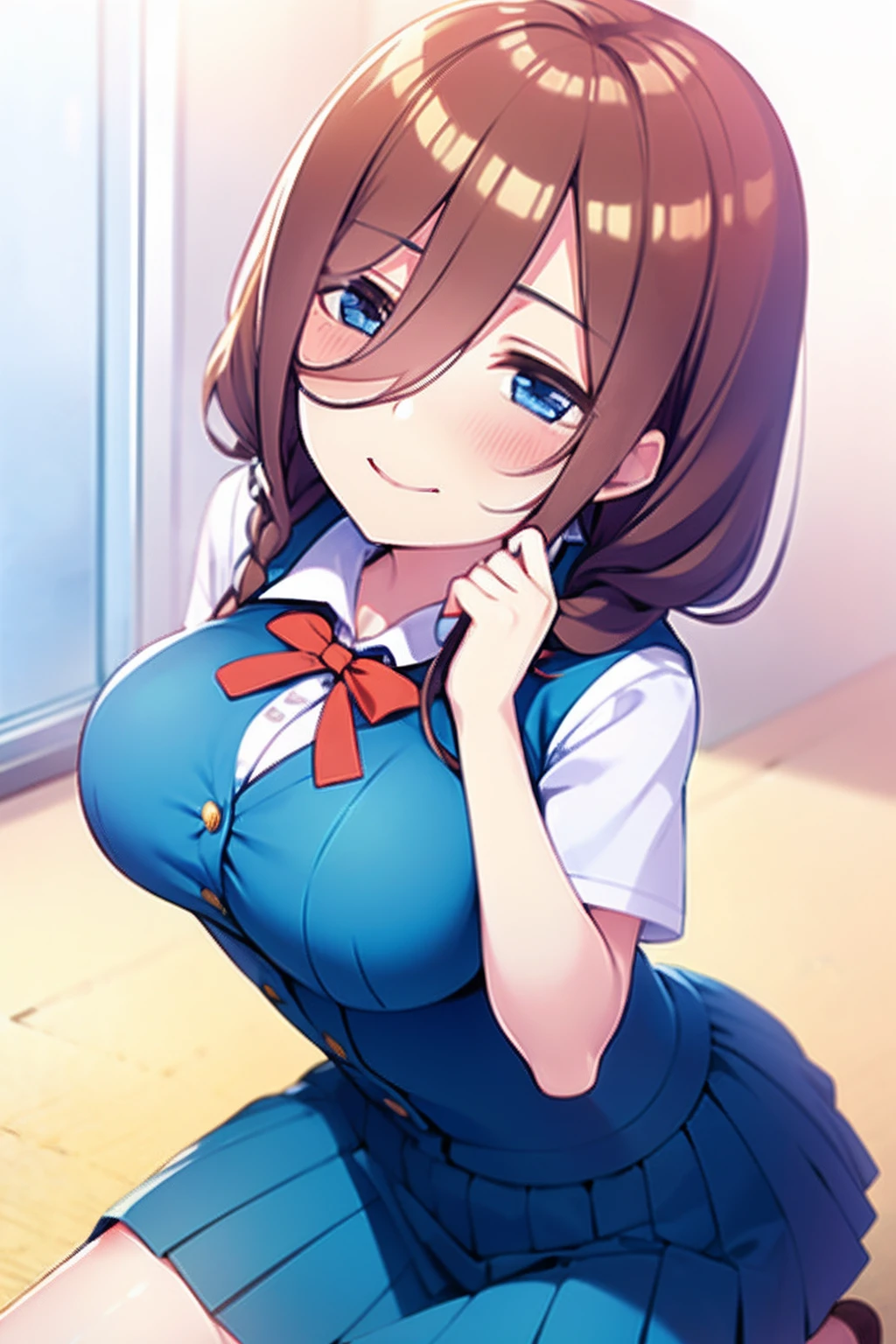Miku Nakano、top-quality、An ultra-high picture quality、1a person、Wearing school uniforms、White blouses、a short skirt、I like beans、