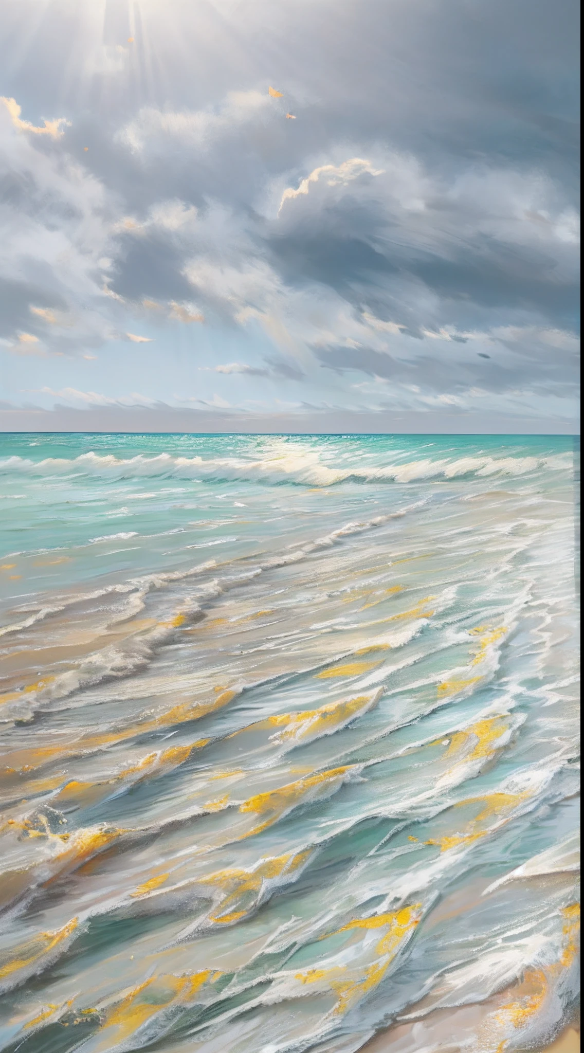 An empty beach with gentle waves lapping at the coastline, sunlight shining through the clouds and creating a bright spot on the sea surface. In the distance, synthetic seafood can be seen, with regular shapes and monotonous colors. Real seafood has become scarce and almost disappeared from people's memories, ,in the style of the stars art group xing xing, 32k, best quality, masterpiece, super detail, high details