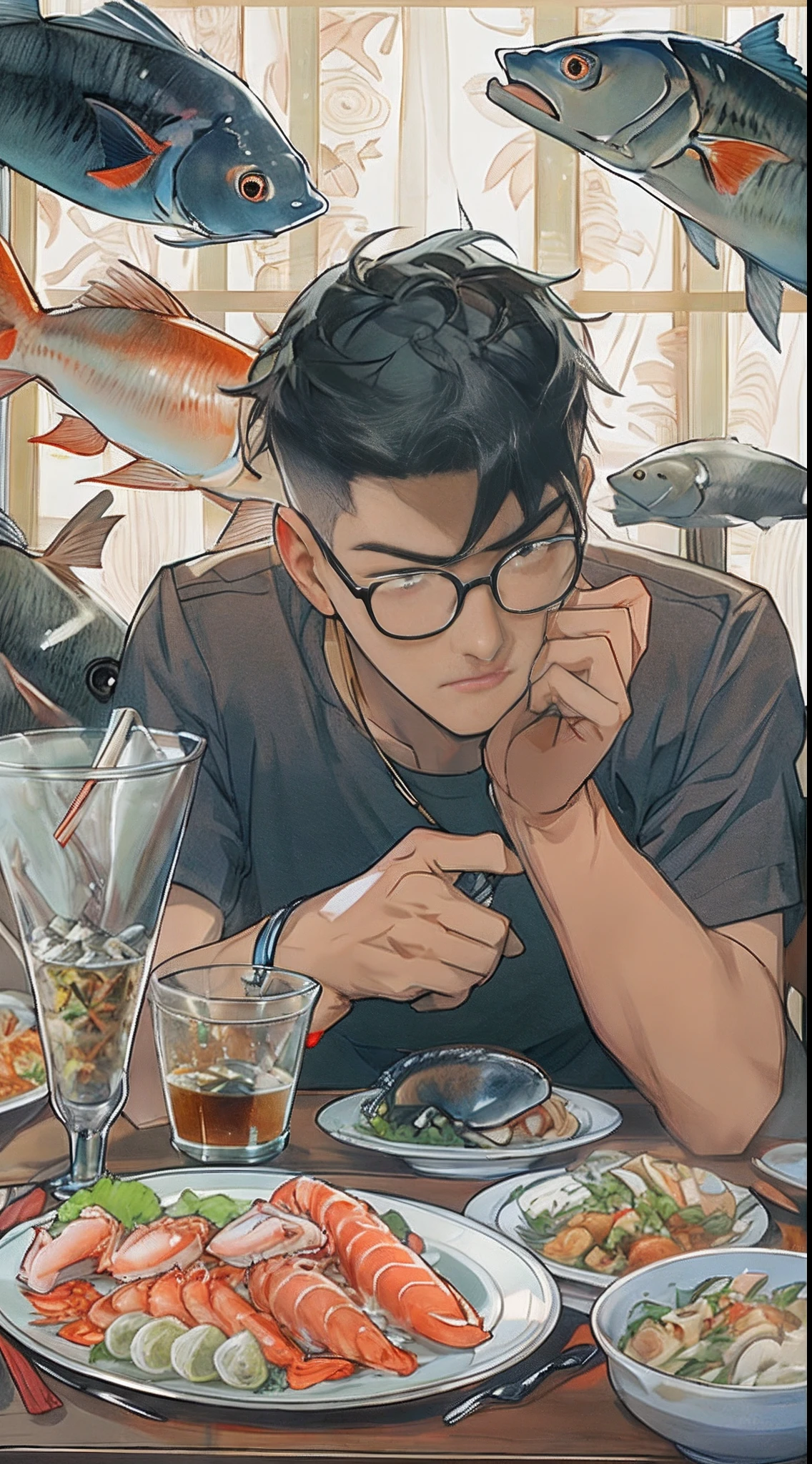 A young man sitting at a dining table with various seafood in front of him, but he has a displeased expression, ,in the style of the stars art group xing xing, 32k, best quality, masterpiece, super detail, high details