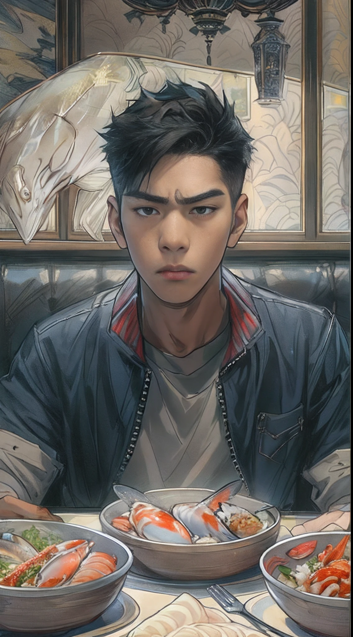 A young man sitting at a dining table with various seafood in front of him, but he has a displeased expression, ,in the style of the stars art group xing xing, 32k, best quality, masterpiece, super detail, high details