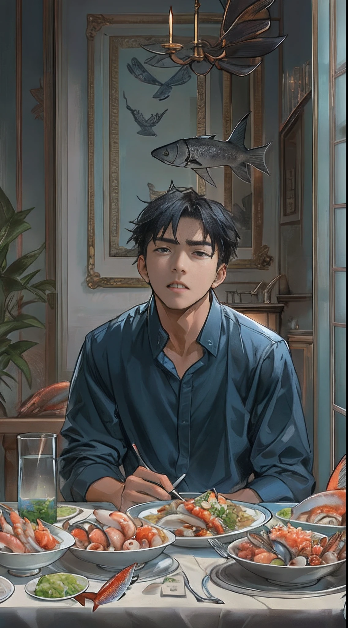 A young man sitting at a dining table with various seafood in front of him, but he has a displeased expression, ,in the style of the stars art group xing xing, 32k, best quality, masterpiece, super detail, high details